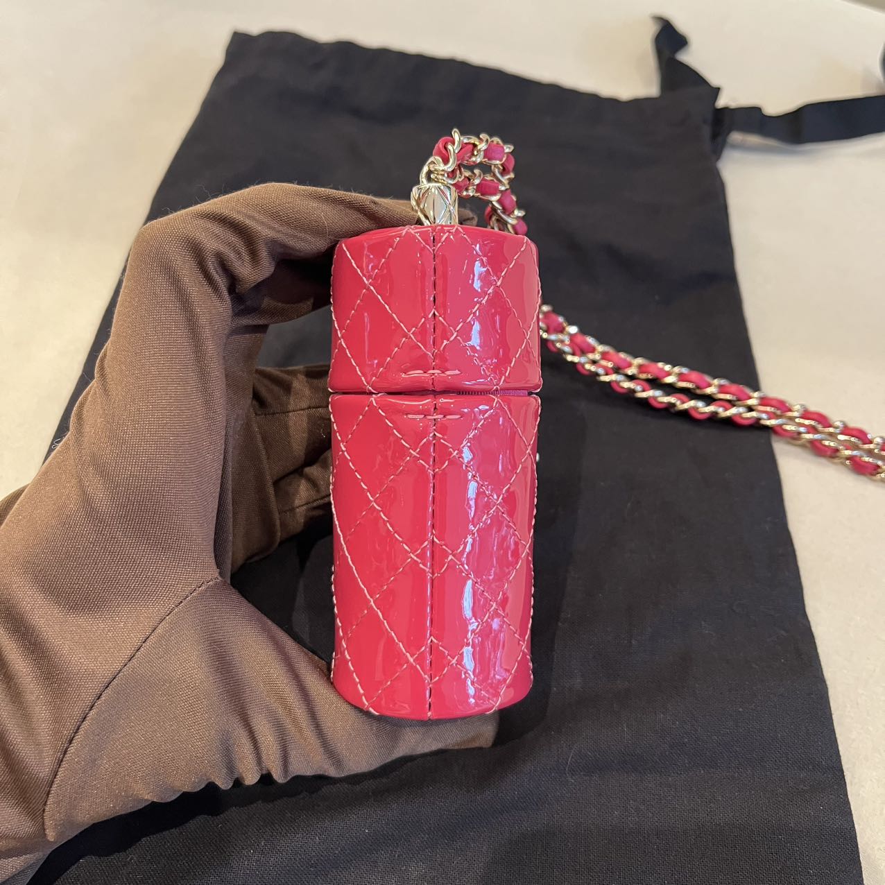 Pre-owned Certified Chanel Lipstick Bag on Chain Rose Pink Patent with Leather Golden Hardware, 2020-2021, w/ dust bag