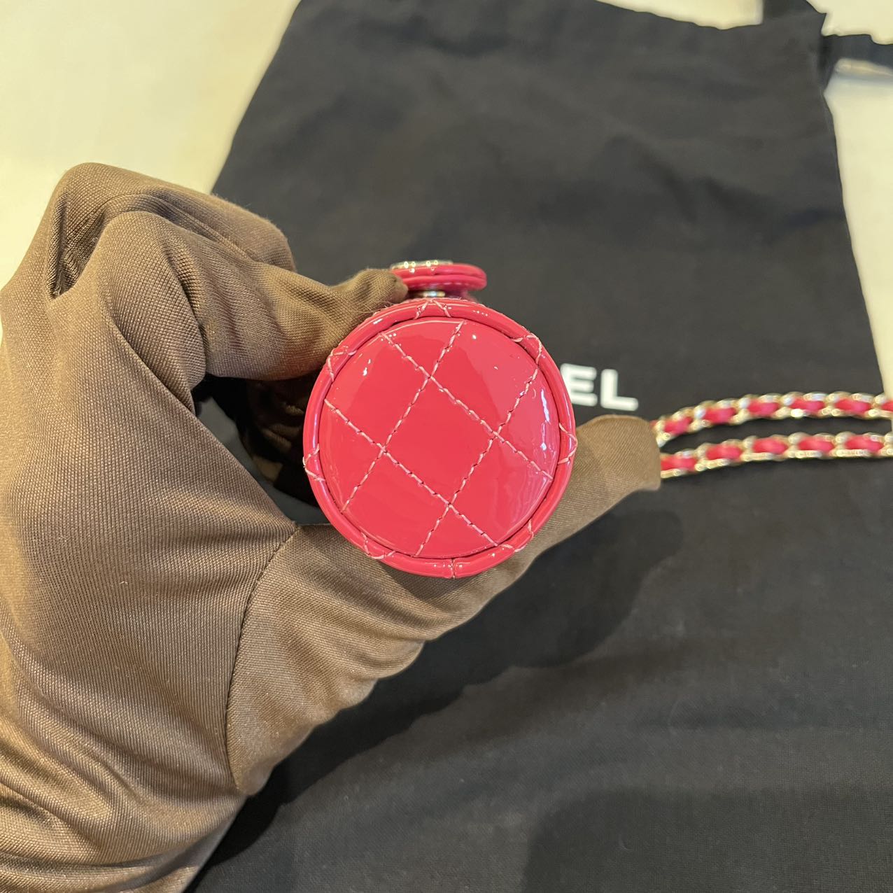 Pre-owned Certified Chanel Lipstick Bag on Chain Rose Pink Patent with Leather Golden Hardware, 2020-2021, w/ dust bag