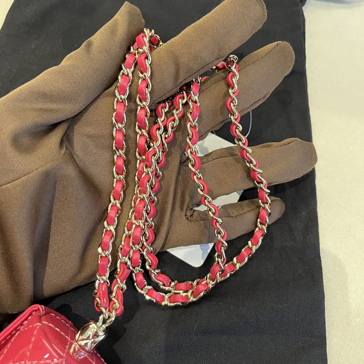 Pre-owned Certified Chanel Lipstick Bag on Chain Rose Pink Patent with Leather Golden Hardware, 2020-2021, w/ dust bag