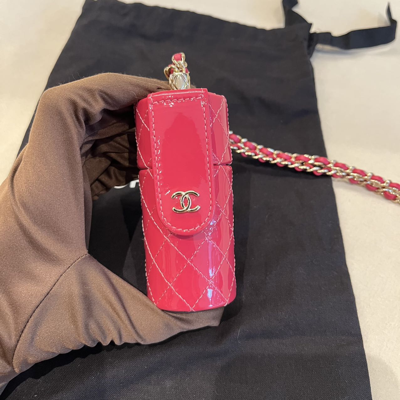 Pre-owned Certified Chanel Lipstick Bag on Chain Rose Pink Patent with Leather Golden Hardware, 2020-2021, w/ dust bag