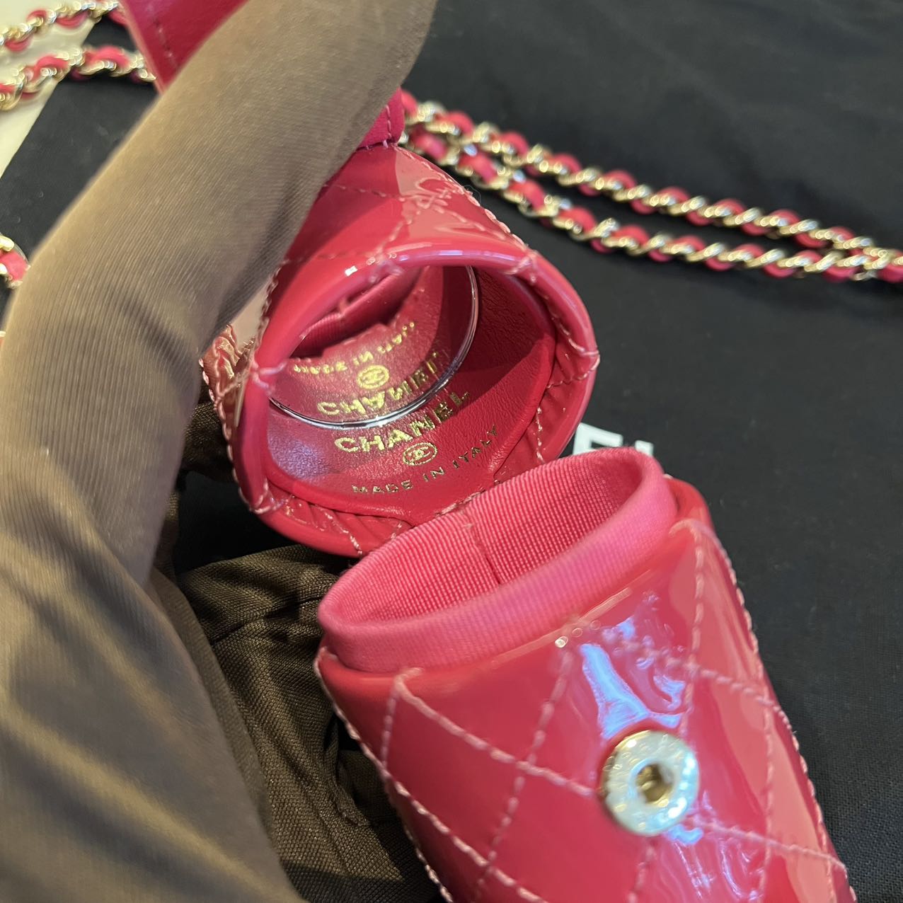 Pre-owned Certified Chanel Lipstick Bag on Chain Rose Pink Patent with Leather Golden Hardware, 2020-2021, w/ dust bag