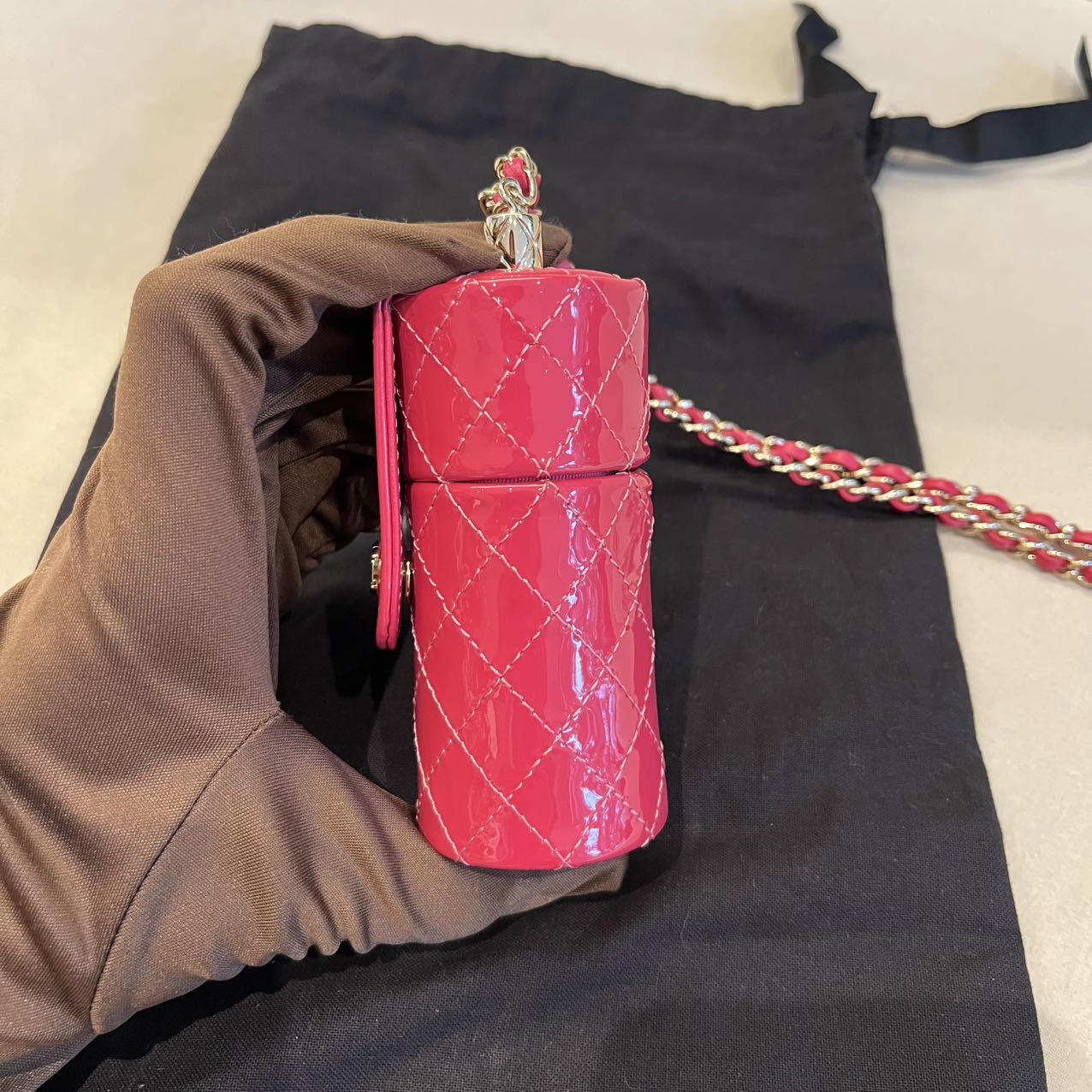 Pre-owned Certified Chanel Lipstick Bag on Chain Rose Pink Patent with Leather Golden Hardware, 2020-2021, w/ dust bag