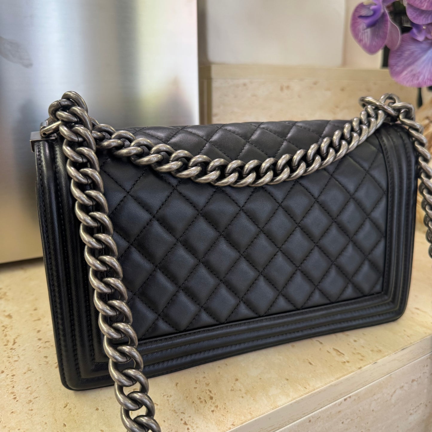 Pre-owned Certified Chanel Medium Boy Bag Black Calfskin Dark Silver Hw, 2016, w/ box, dust bag