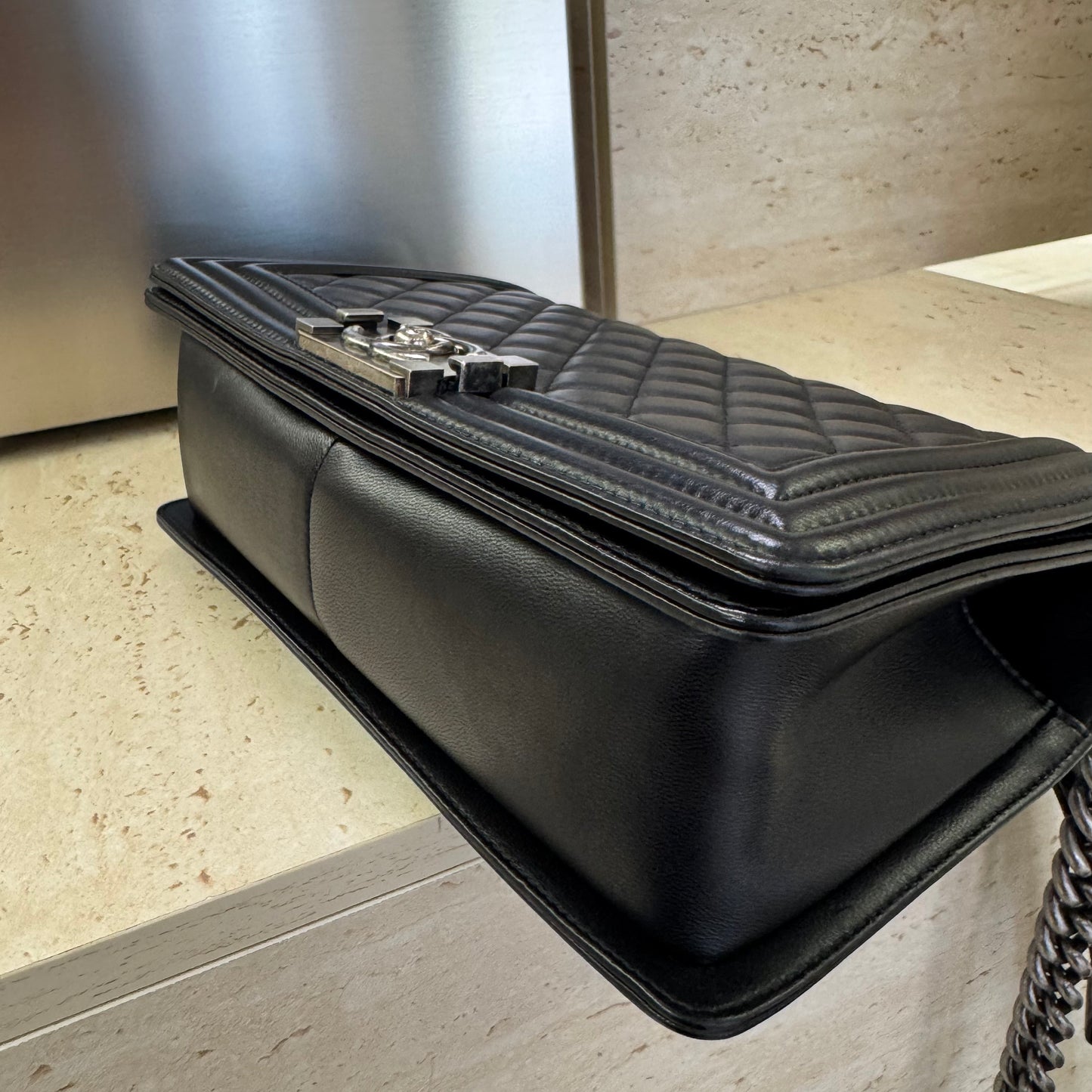 Pre-owned Certified Chanel Medium Boy Bag Black Calfskin Dark Silver Hw, 2016, w/ box, dust bag