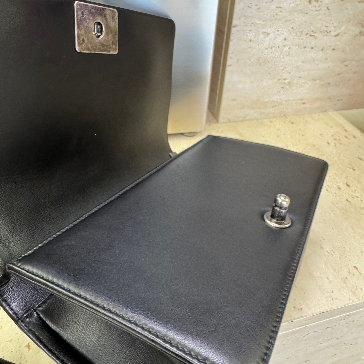 Pre-owned Certified Chanel Medium Boy Bag Black Calfskin Dark Silver Hw, 2016, w/ box, dust bag