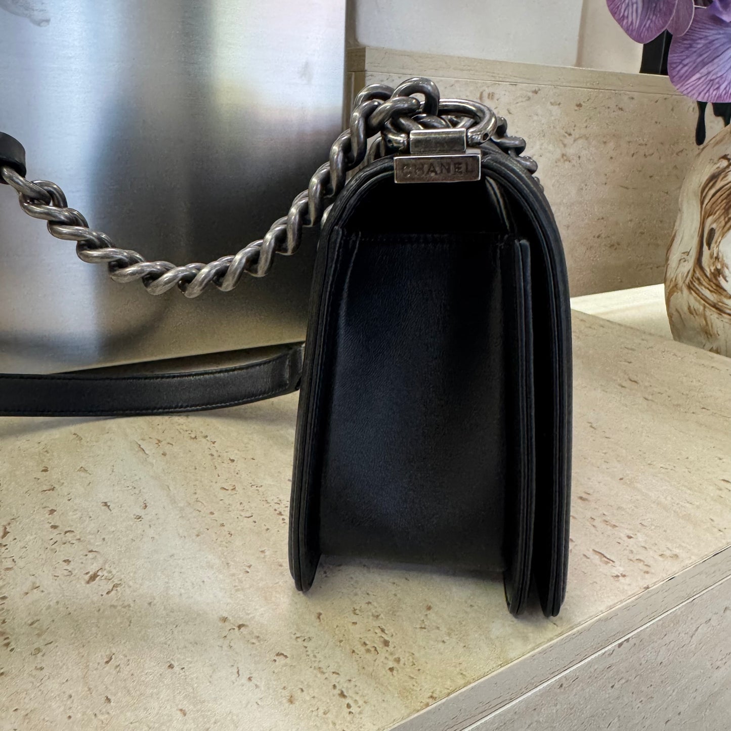 Pre-owned Certified Chanel Medium Boy Bag Black Calfskin Dark Silver Hw, 2016, w/ box, dust bag