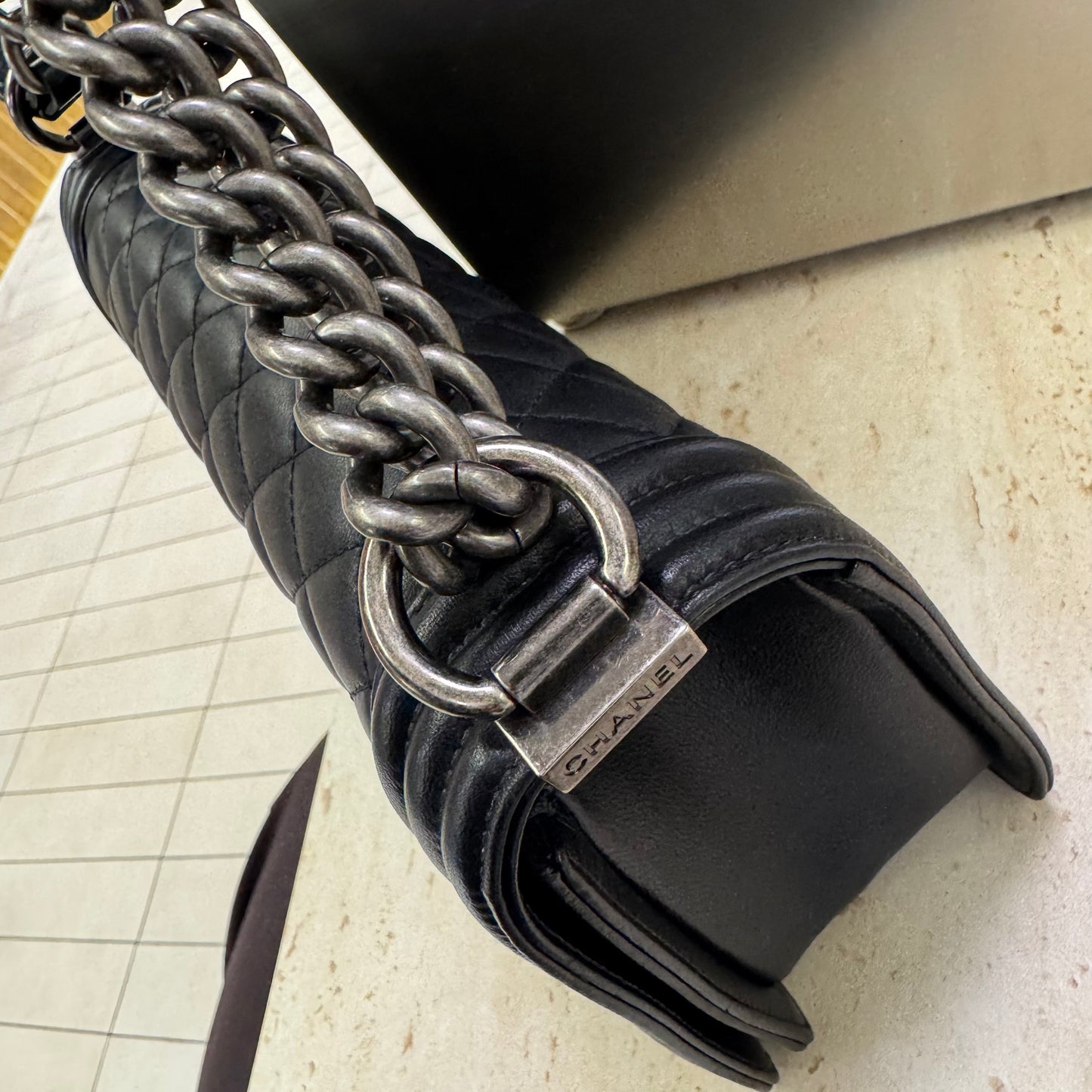 Pre-owned Certified Chanel Medium Boy Bag Black Calfskin Dark Silver Hw, 2016, w/ box, dust bag