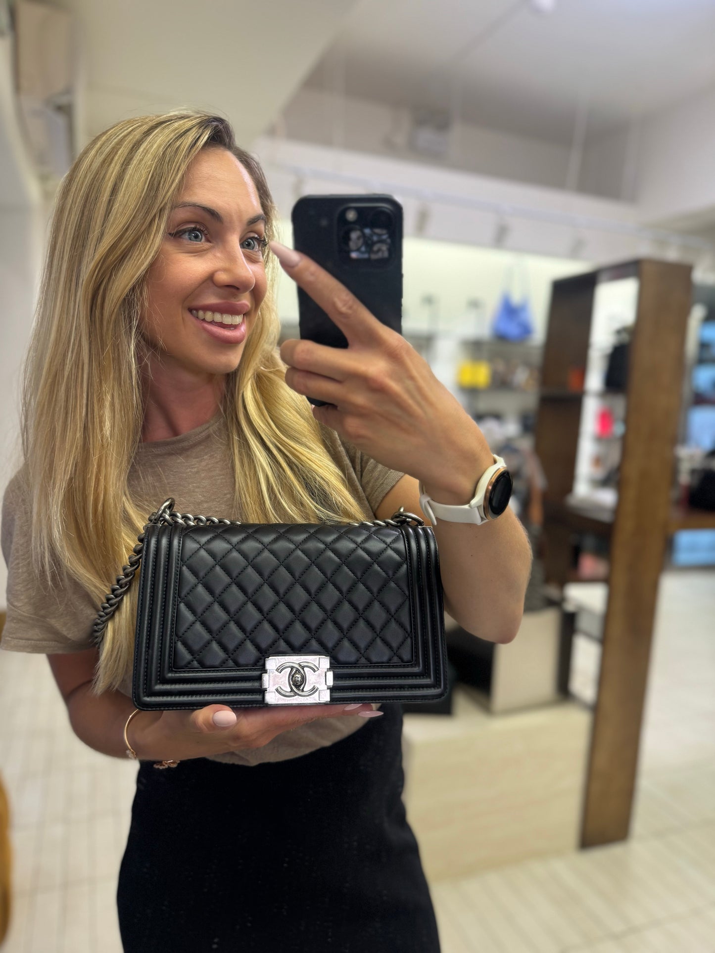Pre-owned Certified Chanel Medium Boy Bag Black Calfskin Dark Silver Hw, 2016, w/ box, dust bag