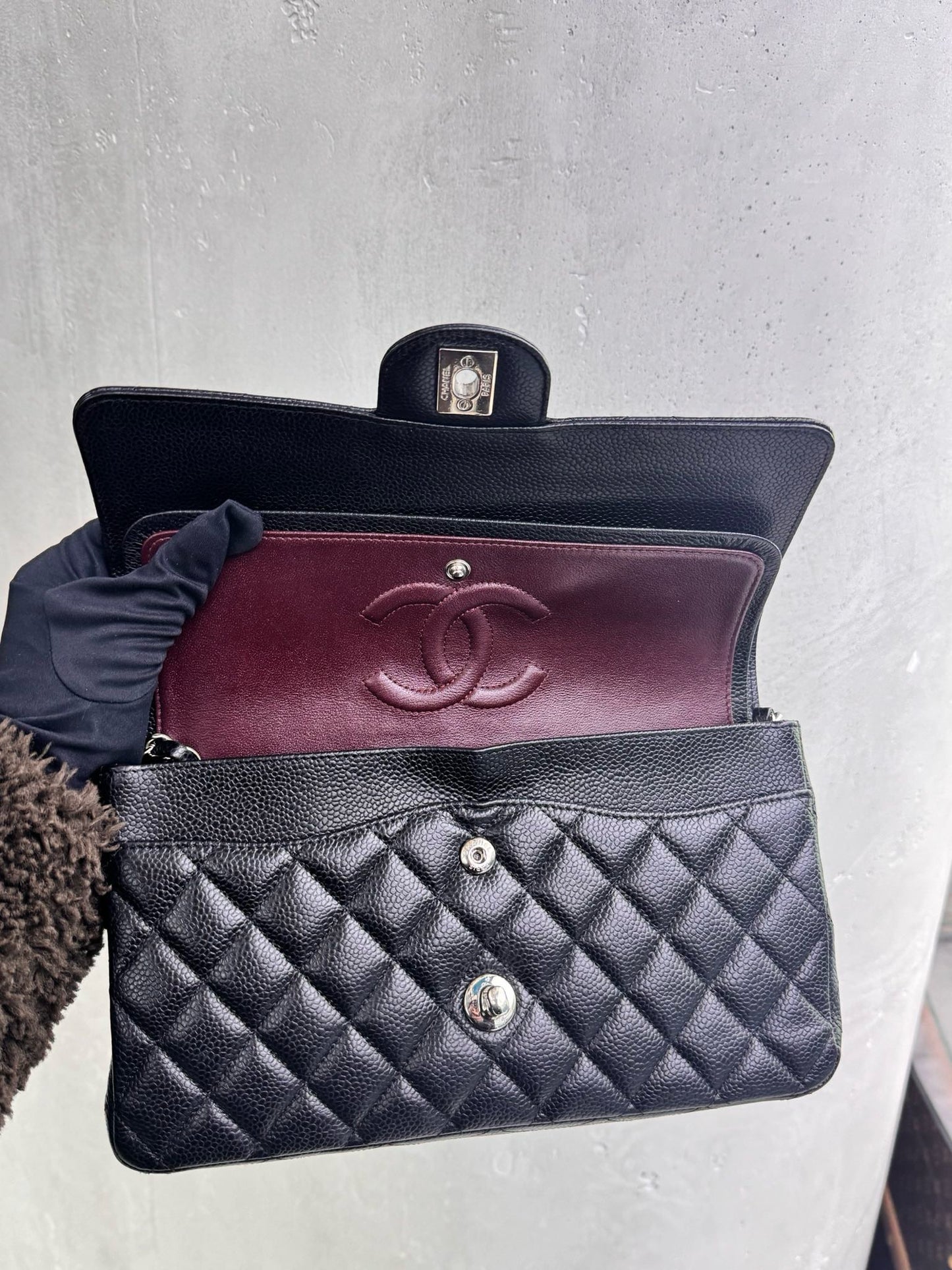 Pre-owned Chanel Medium Classic Flap CF Black Caviar Leather with Silver Hardware, 2017-2018, w/ box, dust bag