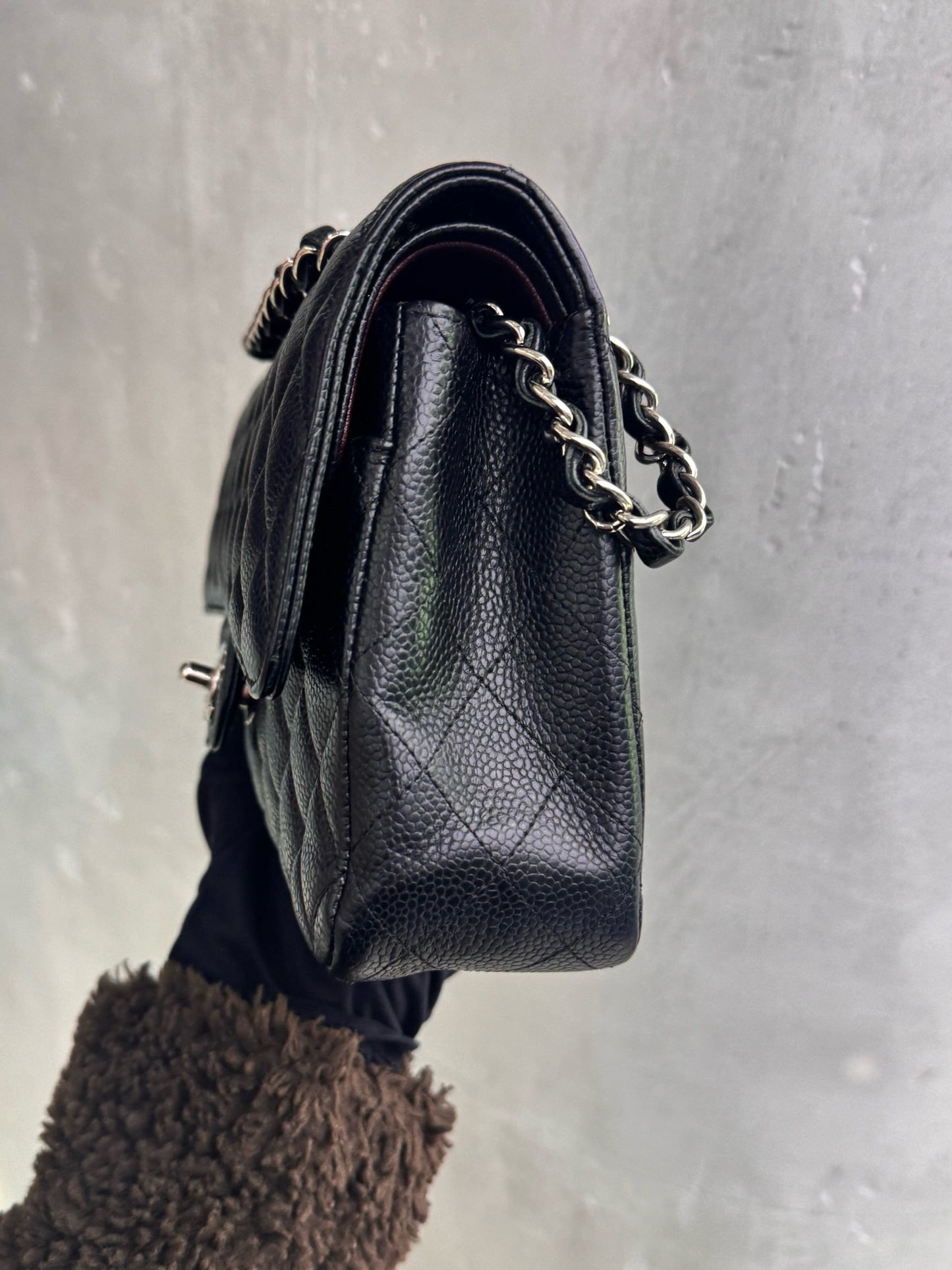 Pre-owned Chanel Medium Classic Flap CF Black Caviar Leather with Silver Hardware, 2017-2018, w/ box, dust bag