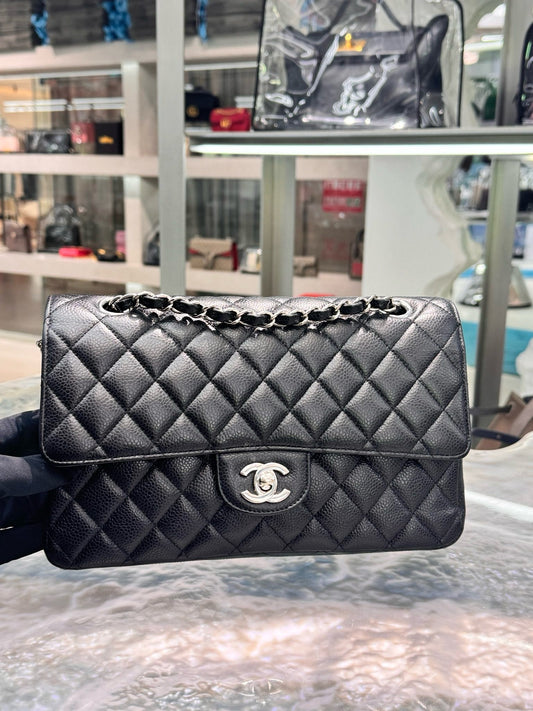 Pre-owned Chanel Medium Classic Flap CF Black Caviar Leather with Silver Hardware, 2017-2018, w/ box, dust bag
