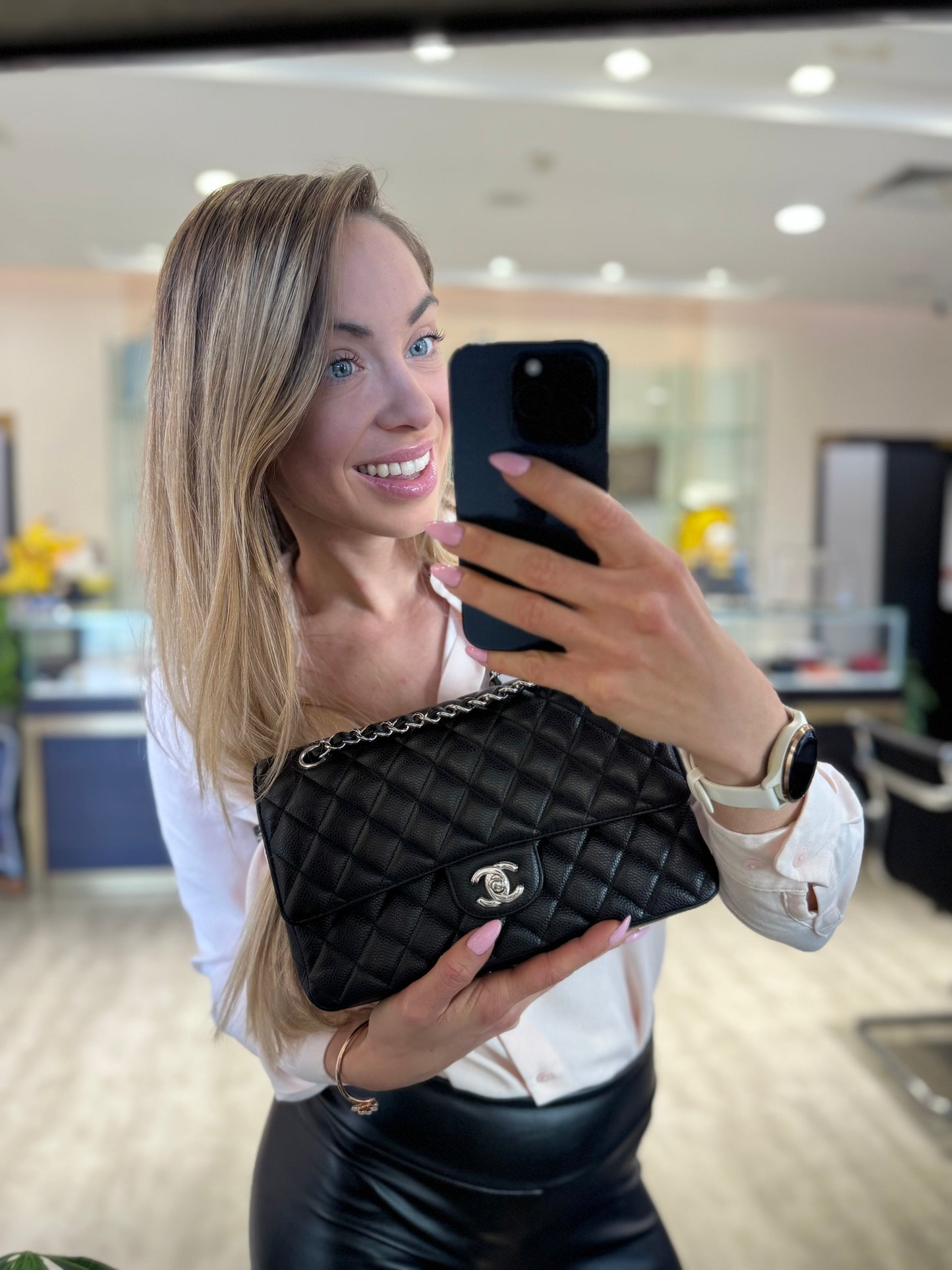 Pre-owned Chanel Medium Classic Flap CF Black Caviar Leather with Silver Hardware, 2017-2018, w/ box, dust bag