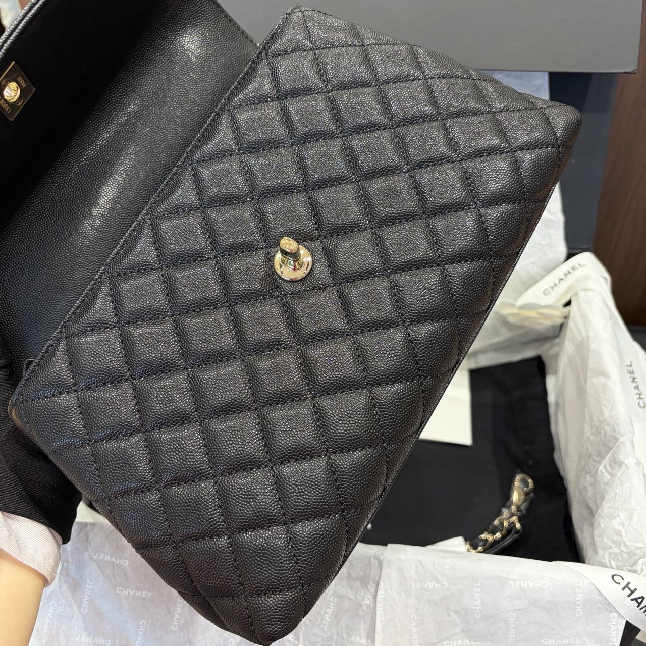 Pre-owned Certified Chanel Medium Coco Handle in Black Caviar Leather with Golden Hardware, 2022 Microchipped, w/card, full set