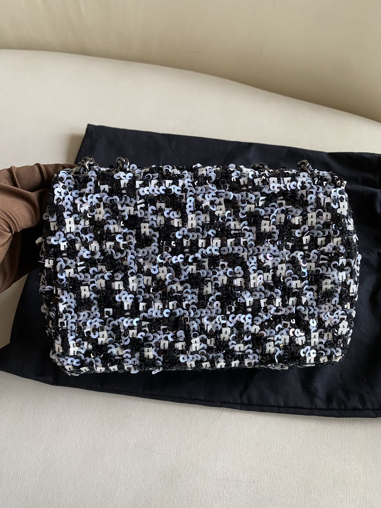 Pre-owned Certified Chanel Mini Classic Flap CF Rectangle with Sequins with Black Shiny Hardware, 2020-2021, w/ Full Set