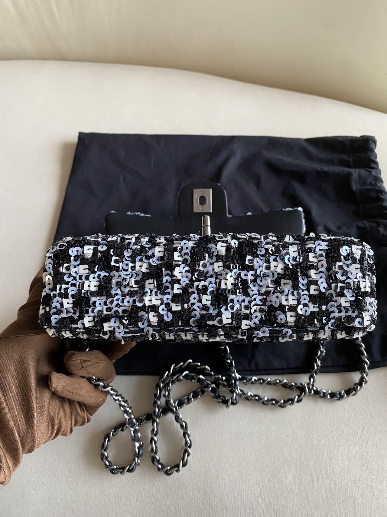 Pre-owned Certified Chanel Mini Classic Flap CF Rectangle with Sequins with Black Shiny Hardware, 2020-2021, w/ Full Set