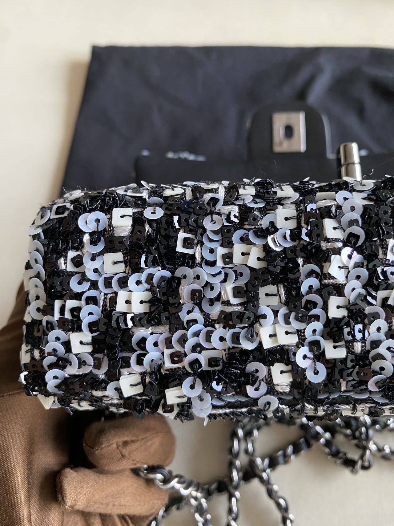 Pre-owned Certified Chanel Mini Classic Flap CF Rectangle with Sequins with Black Shiny Hardware, 2020-2021, w/ Full Set
