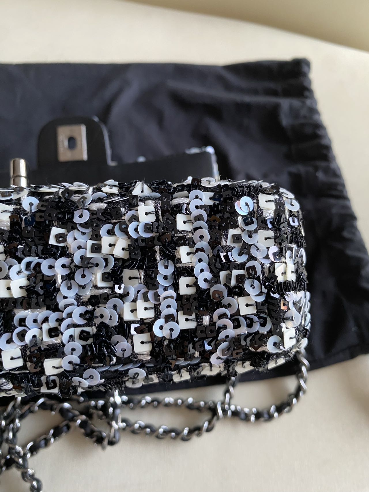 Pre-owned Certified Chanel Mini Classic Flap CF Rectangle with Sequins with Black Shiny Hardware, 2020-2021, w/ Full Set