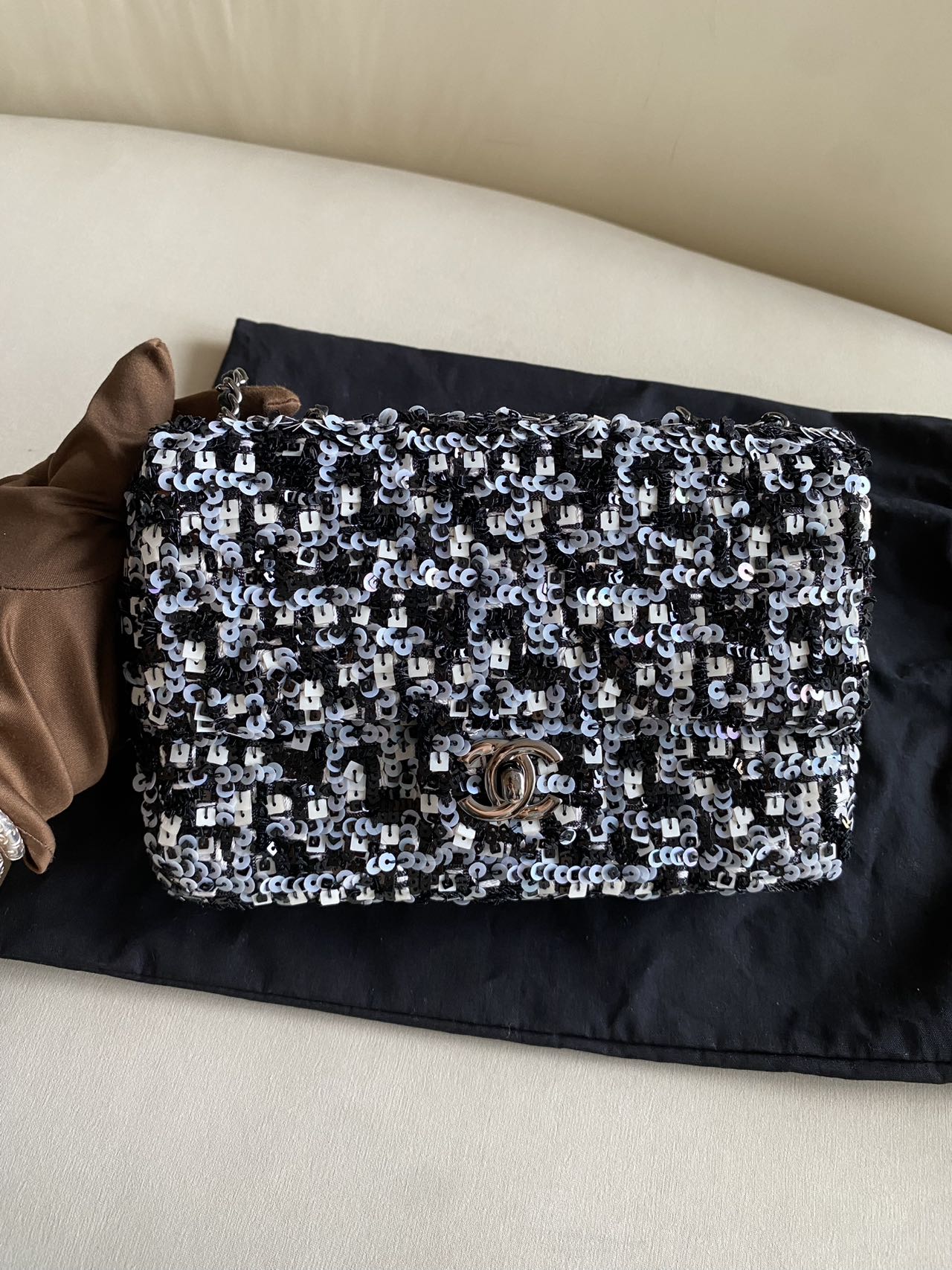 Pre-owned Certified Chanel Mini Classic Flap CF Rectangle with Sequins with Black Shiny Hardware, 2020-2021, w/ Full Set