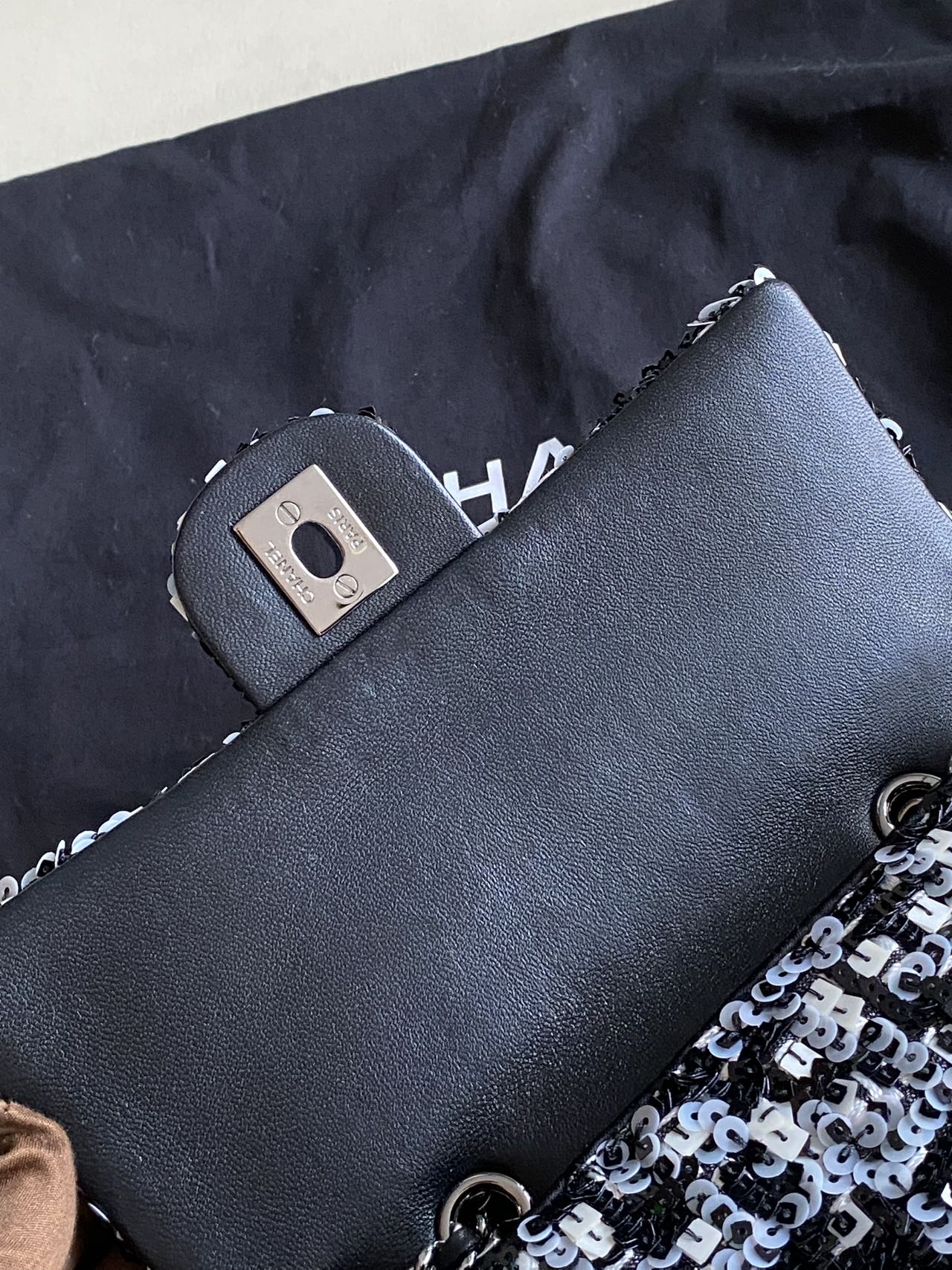 Pre-owned Certified Chanel Mini Classic Flap CF Rectangle with Sequins with Black Shiny Hardware, 2020-2021, w/ Full Set