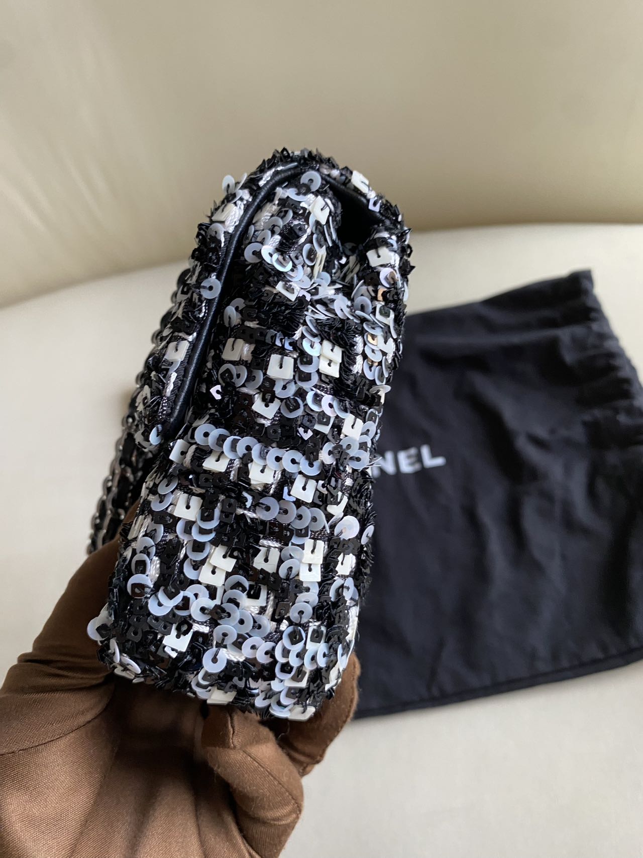 Pre-owned Certified Chanel Mini Classic Flap CF Rectangle with Sequins with Black Shiny Hardware, 2020-2021, w/ Full Set