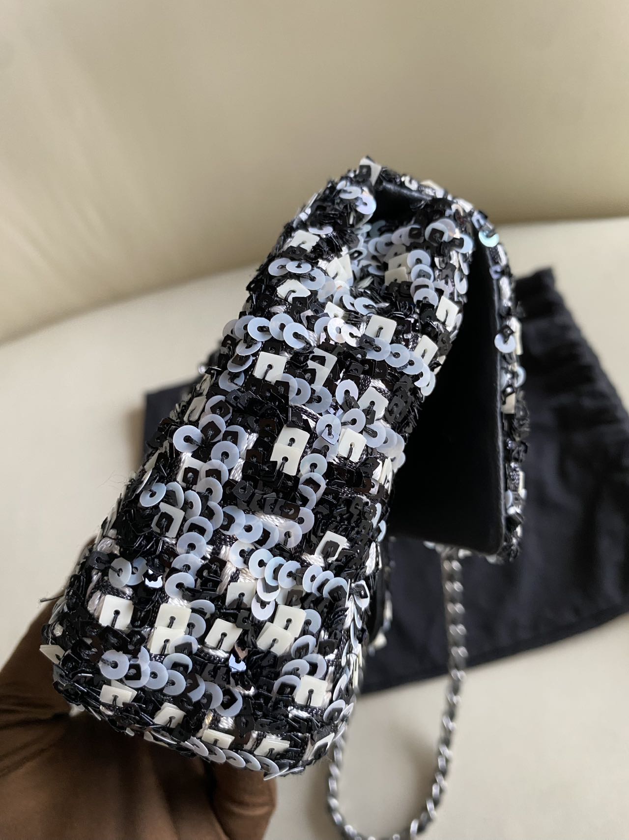 Pre-owned Certified Chanel Mini Classic Flap CF Rectangle with Sequins with Black Shiny Hardware, 2020-2021, w/ Full Set