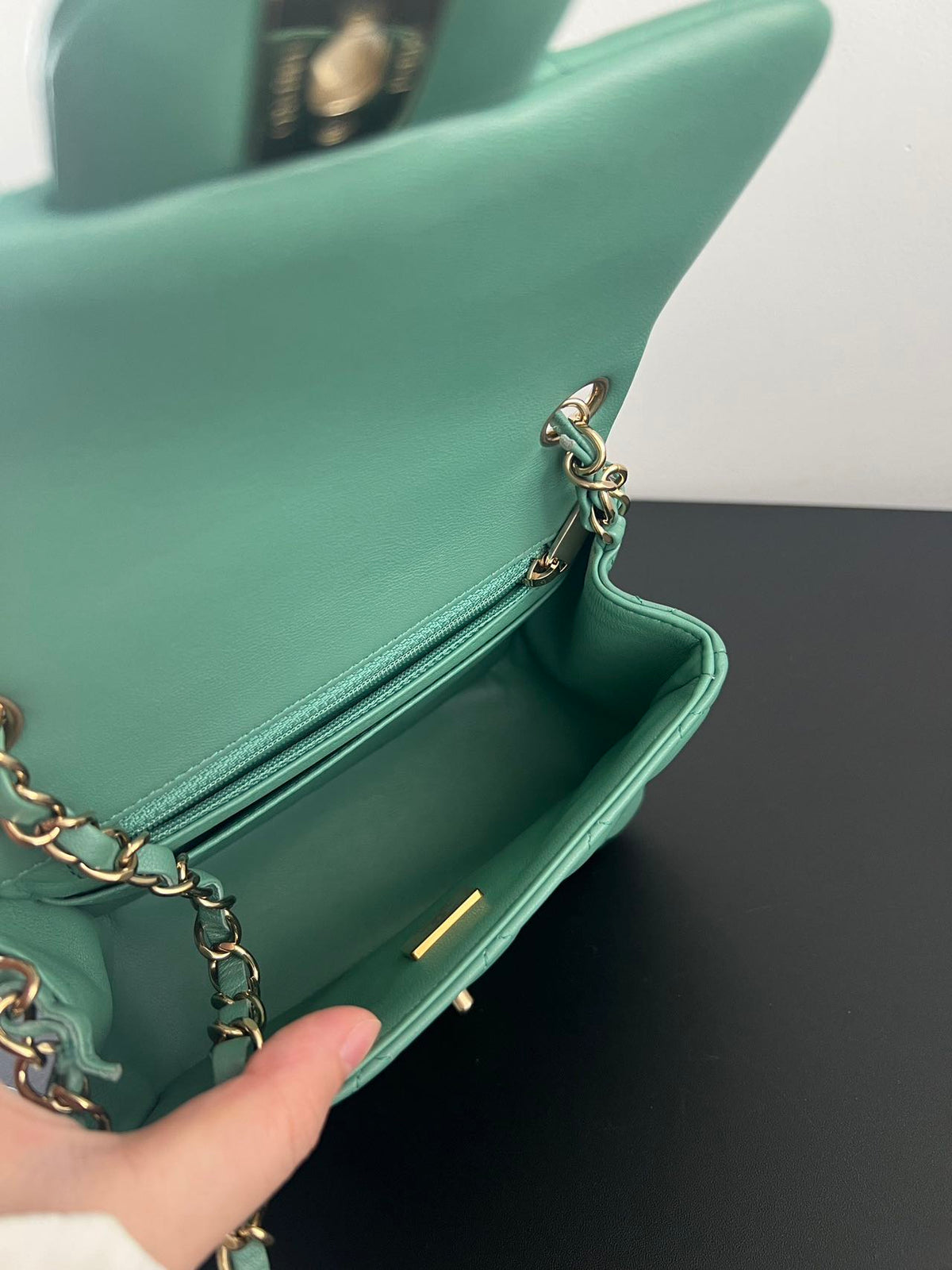 Pre-owned Certified Chanel Mini Square Flap in Green Lambskin with Golden Hardware, w/ full set