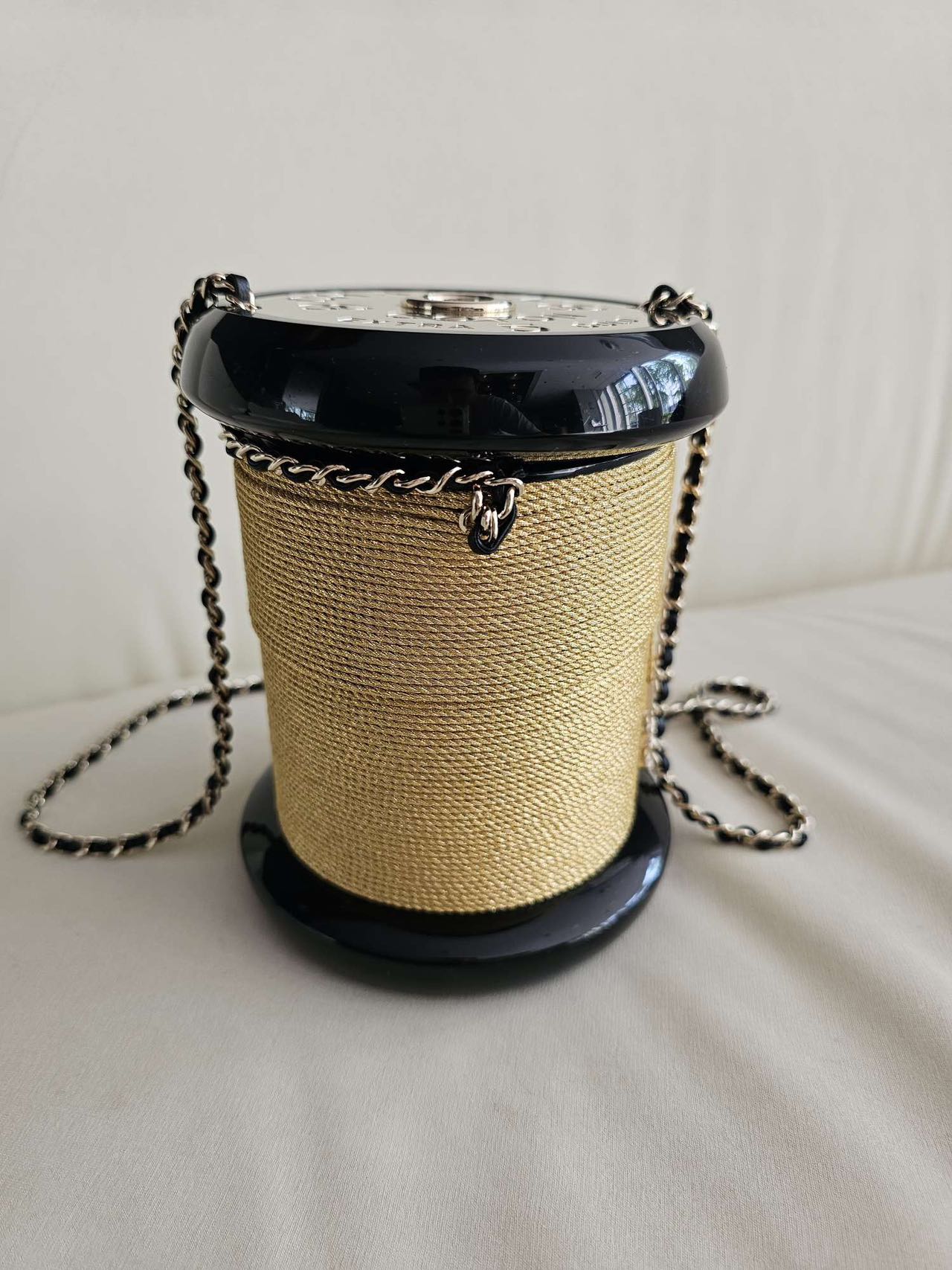 Pre-owned Certified Chanel Plexiglass Bobbin Minaudière Clutch Golden Thread Spool, 2016 Catwalk Bag, w/ card, dust bag