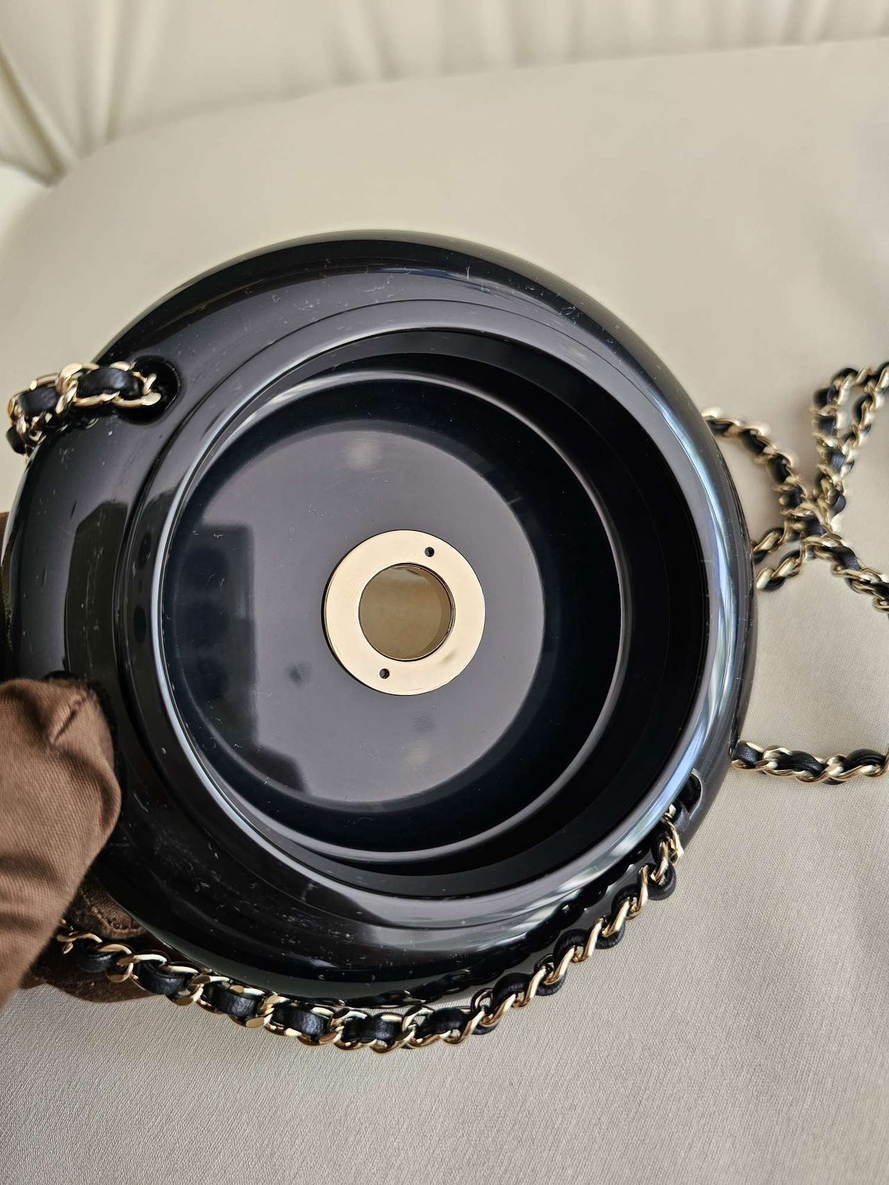 Pre-owned Certified Chanel Plexiglass Bobbin Minaudière Clutch Golden Thread Spool, 2016 Catwalk Bag, w/ card, dust bag