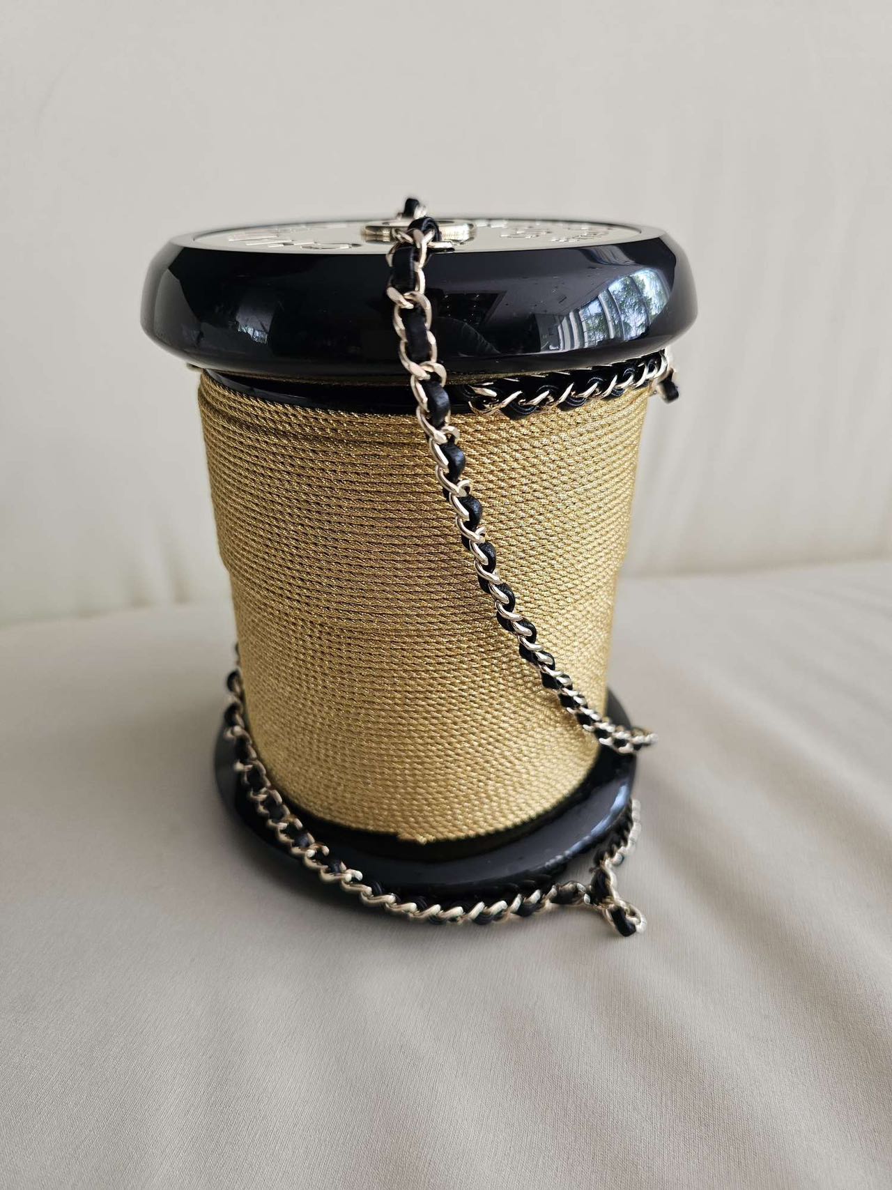 Pre-owned Certified Chanel Plexiglass Bobbin Minaudière Clutch Golden Thread Spool, 2016 Catwalk Bag, w/ card, dust bag