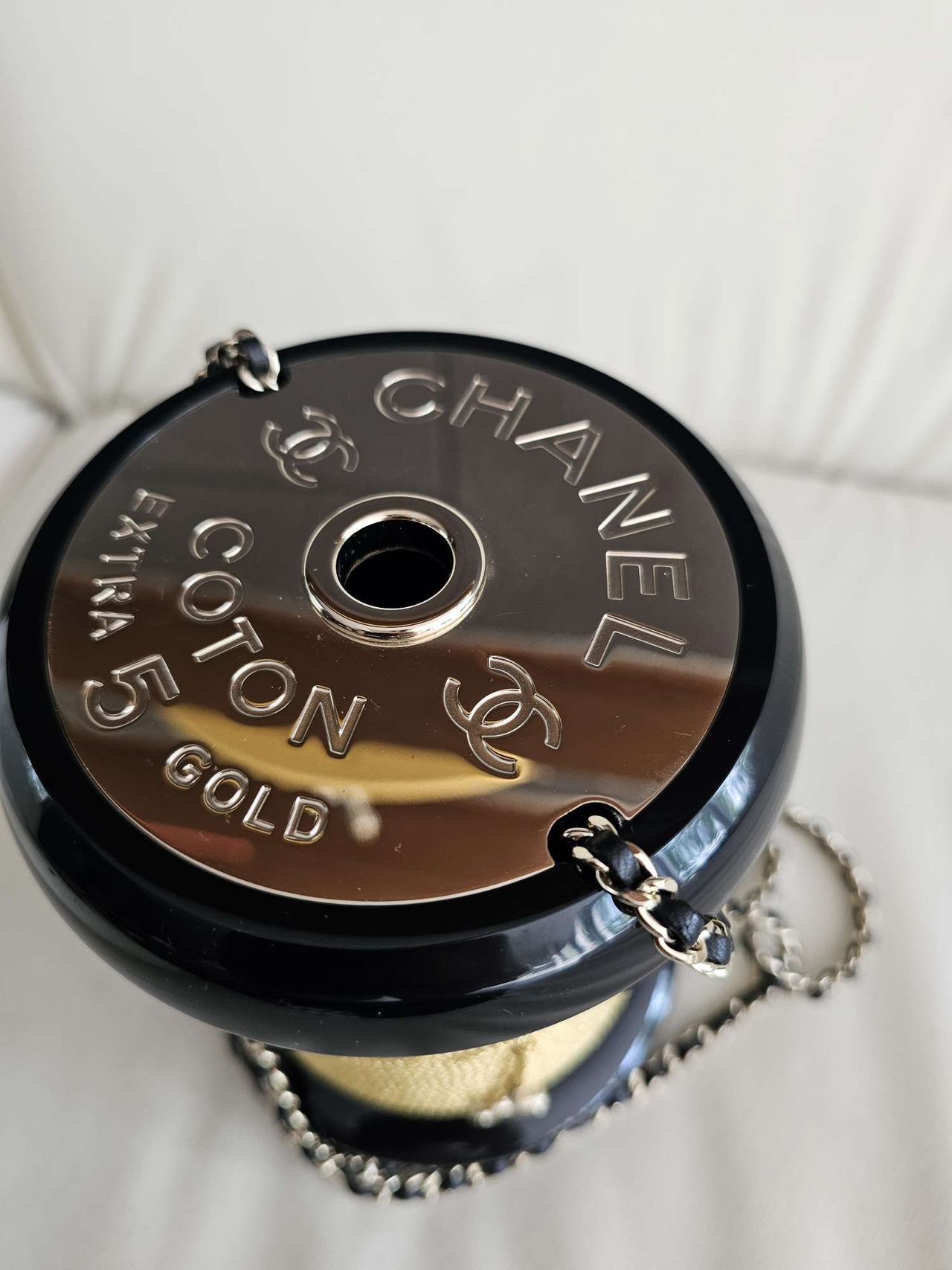 Pre-owned Certified Chanel Plexiglass Bobbin Minaudière Clutch Golden Thread Spool, 2016 Catwalk Bag, w/ card, dust bag