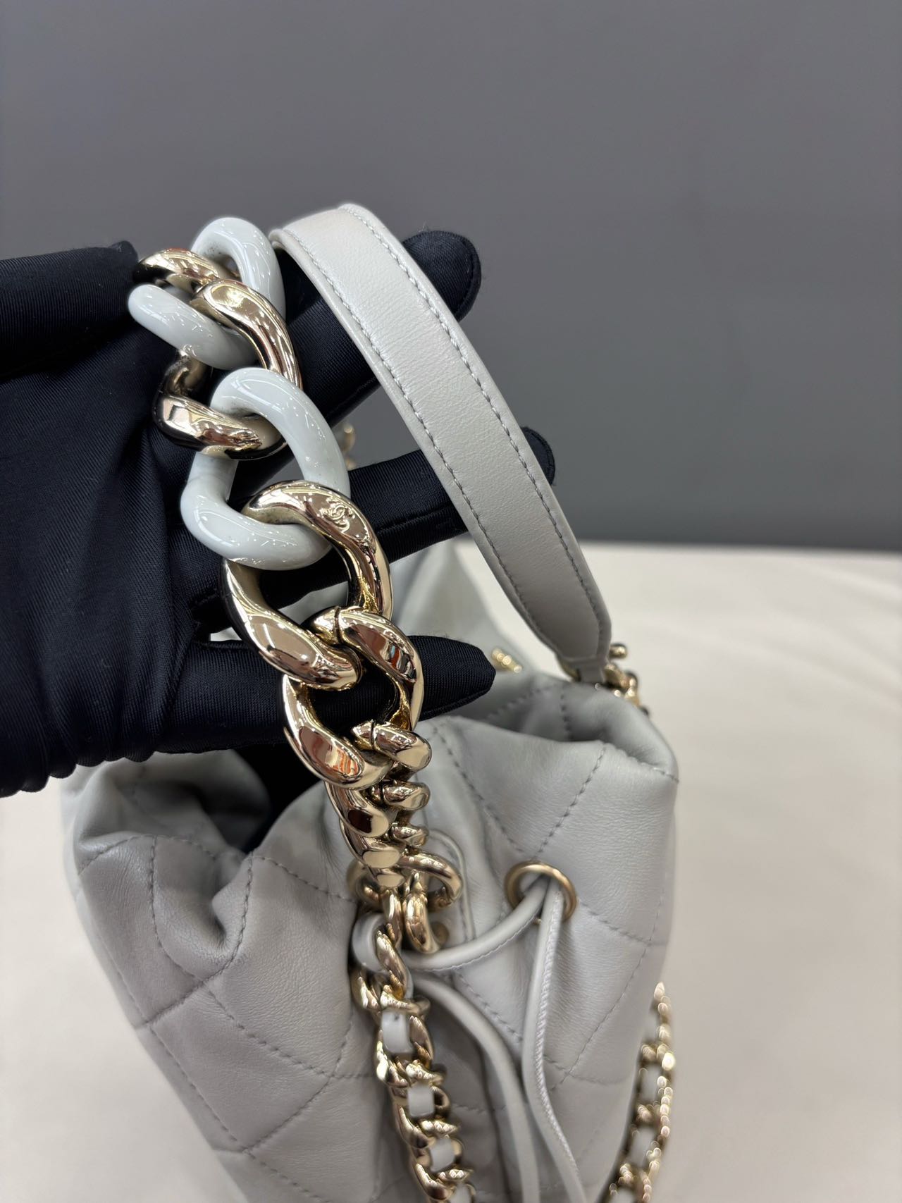 Pre-owned Certified Chanel Quilted Bucket Bag in Gray Calfskin with Golden Hardware, 2022 Microchipped, w/ Dust bag