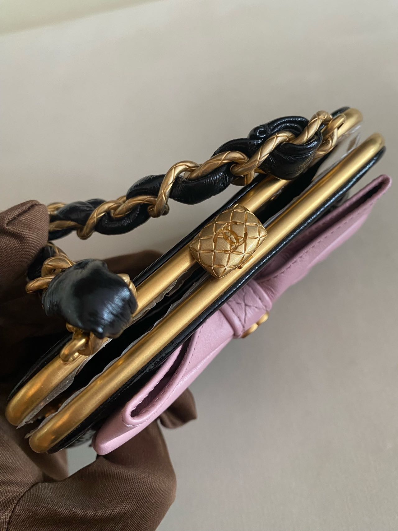Pre-owned Certified Chanel Ribbon Clutch with Chain in Shiny Black Calfskin with Golden Hardware, microchipped, 2024, w/ dust bag