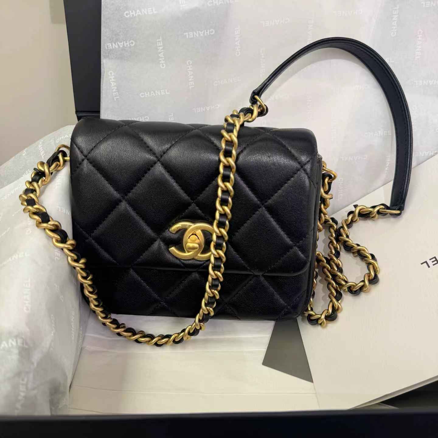 Pre-owned Certified Chanel Side Note Flap Bag Black Lambskin Golden Hardware, 2023 Microchipped, w/ Full Set
