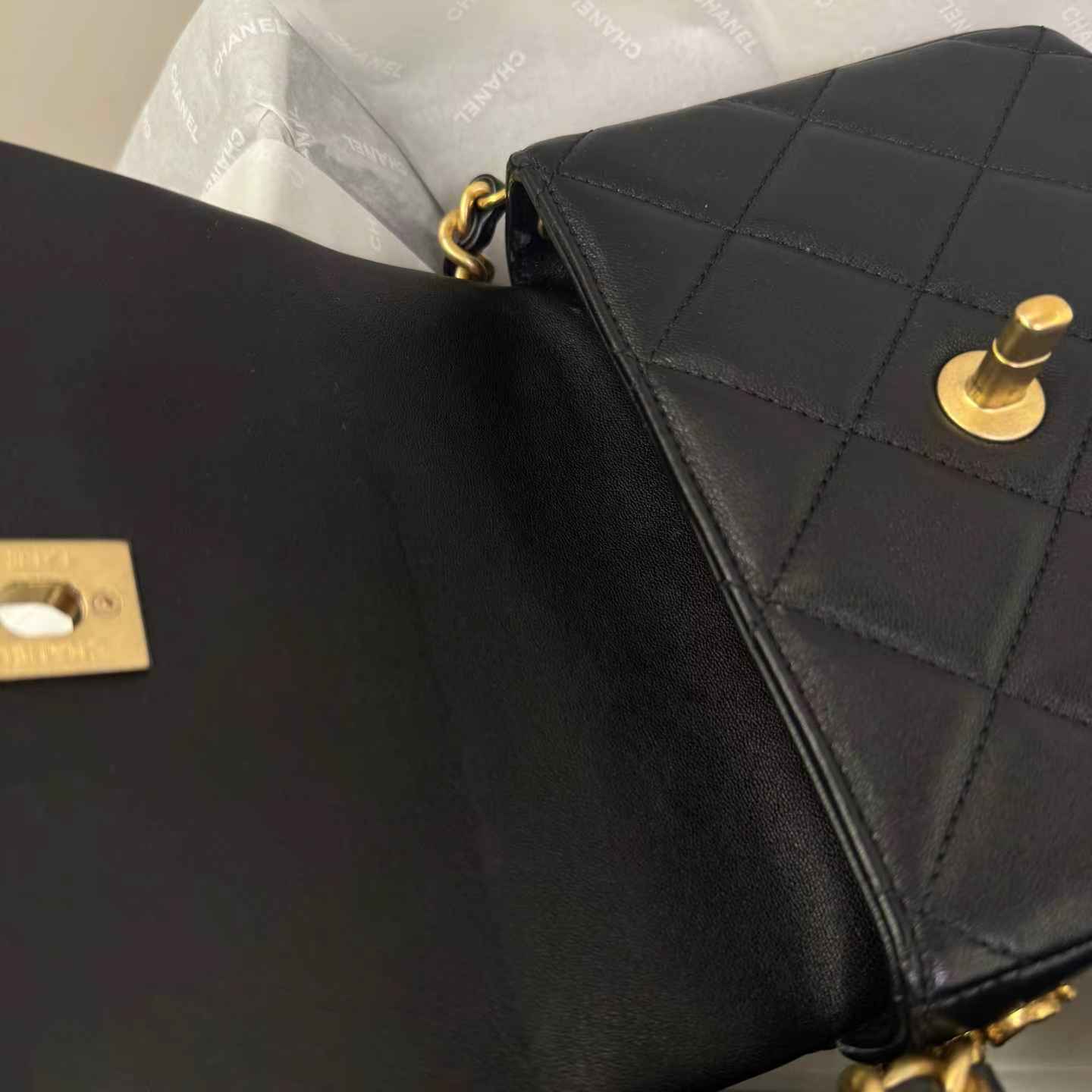 Pre-owned Certified Chanel Side Note Flap Bag Black Lambskin Golden Hardware, 2023 Microchipped, w/ Full Set