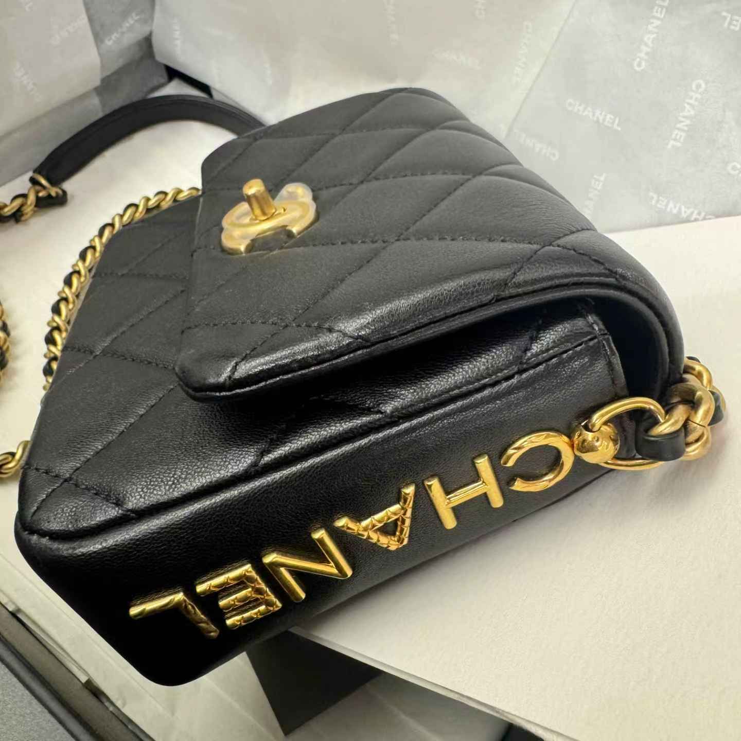 Pre-owned Certified Chanel Side Note Flap Bag Black Lambskin Golden Hardware, 2023 Microchipped, w/ Full Set