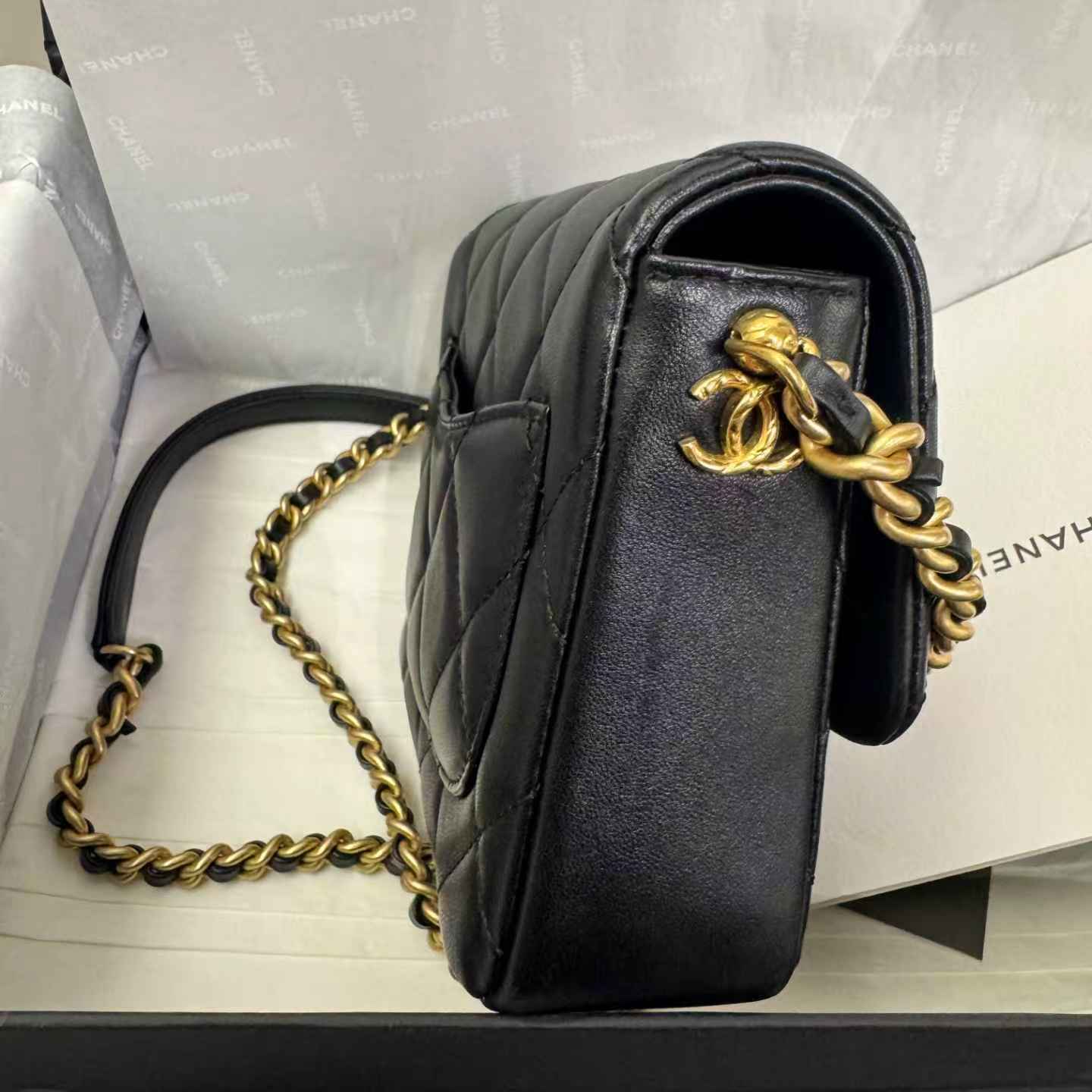Pre-owned Certified Chanel Side Note Flap Bag Black Lambskin Golden Hardware, 2023 Microchipped, w/ Full Set