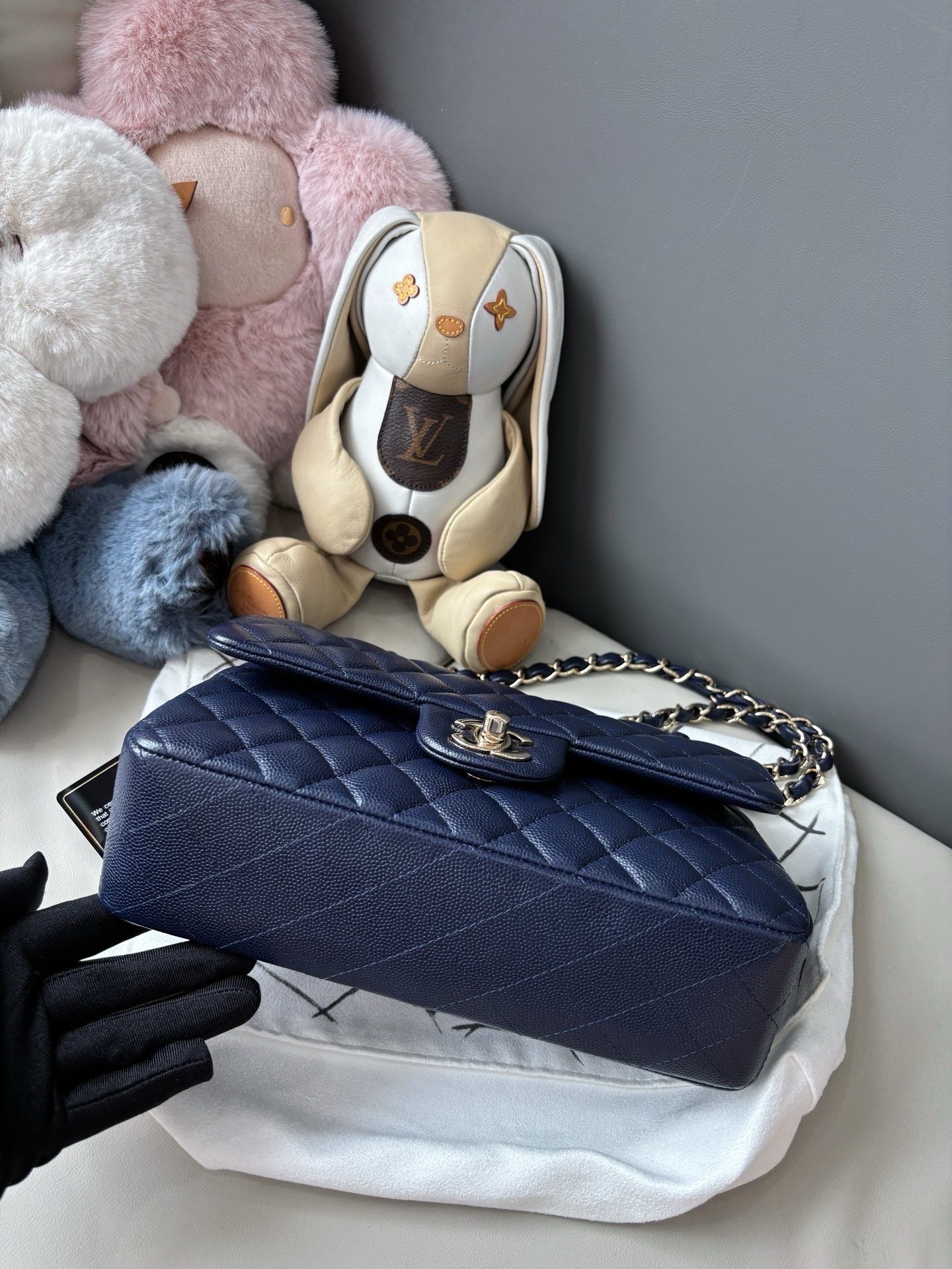Pre-owned Certified Chanel Small Classic Flap CF Navy Blue Caviar Leather with Light Golden Hardware, 2021, w/ Full Set - Chanel Box, Authenticity Card, Dust Bag