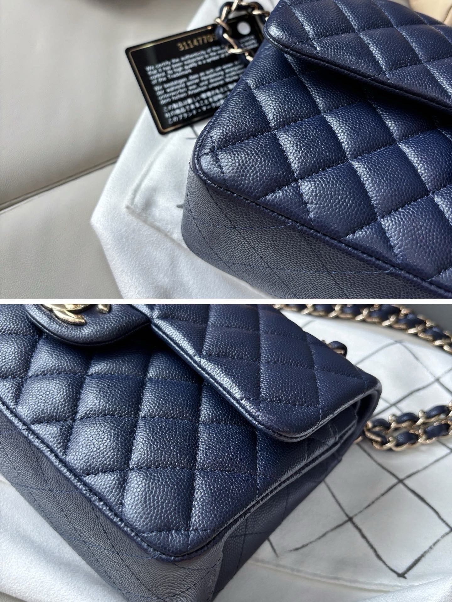 Pre-owned Certified Chanel Small Classic Flap CF Navy Blue Caviar Leather with Light Golden Hardware, 2021, w/ Full Set - Chanel Box, Authenticity Card, Dust Bag