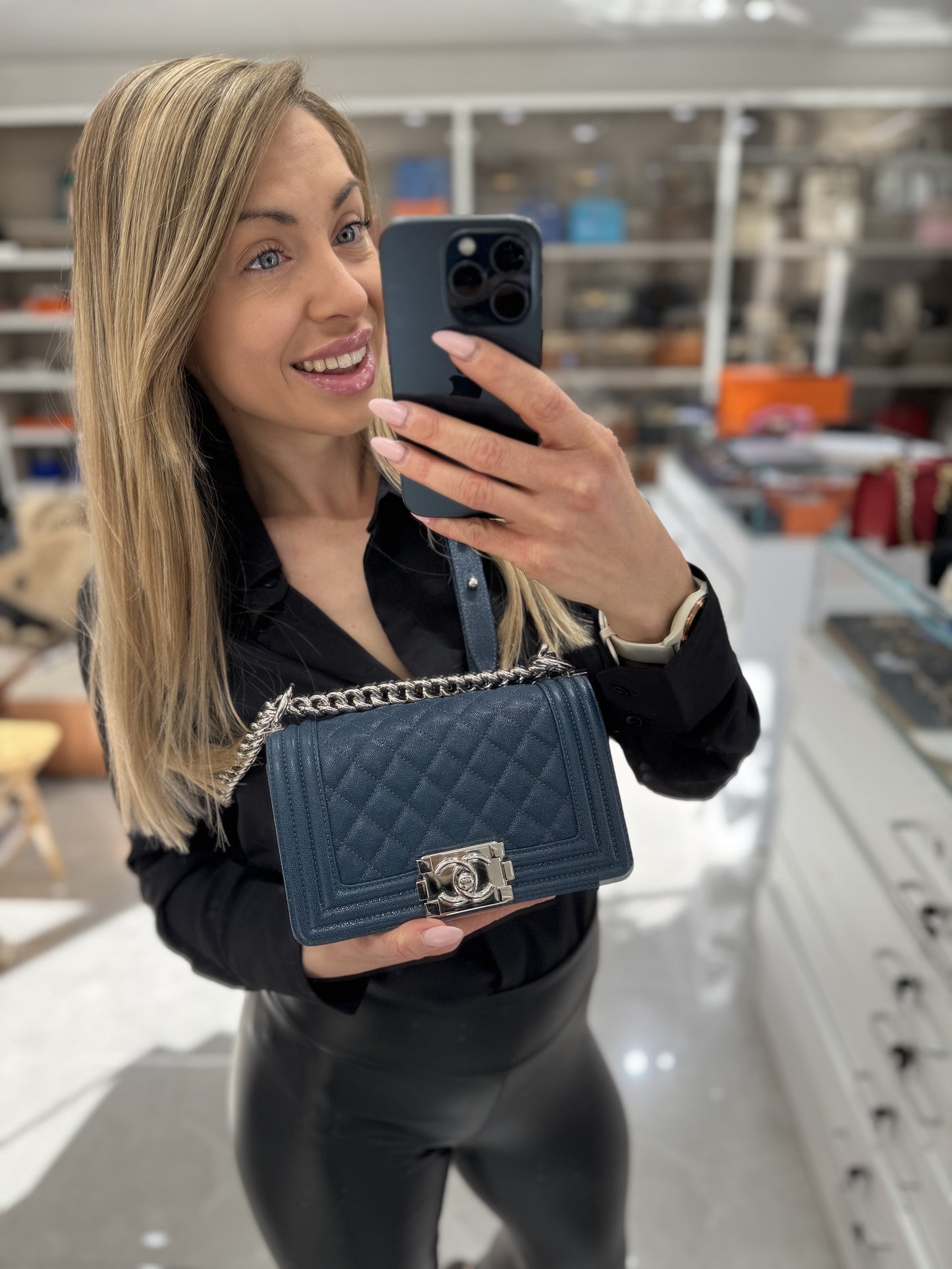 Pre-owned Chanel Small Le Boy Dark Blue Caviar Leather with Silver Hardware, 2019-2020, w/ box, dust bag