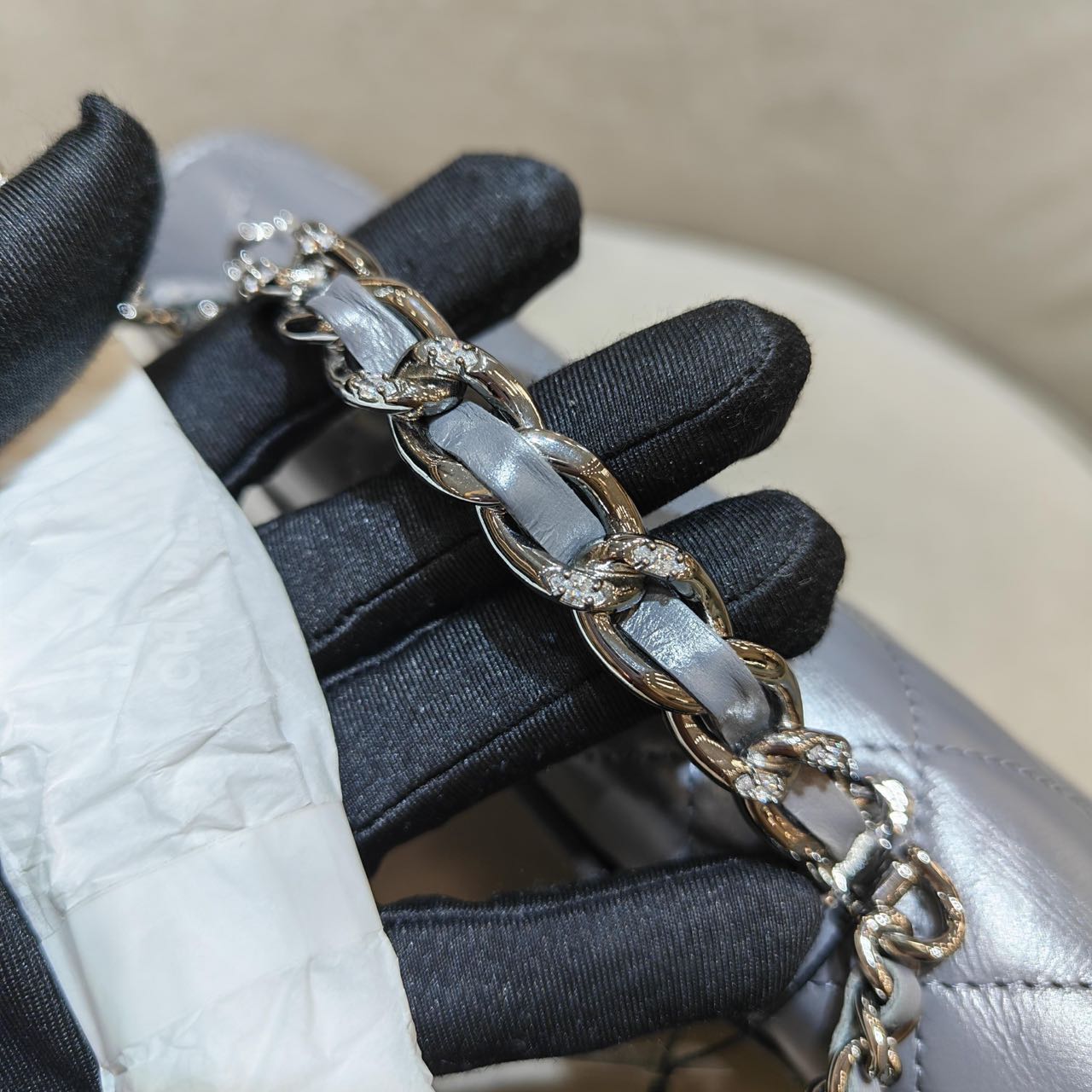 Pre-owned Certified Chanel Wallet on Chain with Top Handle in Grey Lambskin with Silver Hardware, 2023 Microchipped, w/ dust bag