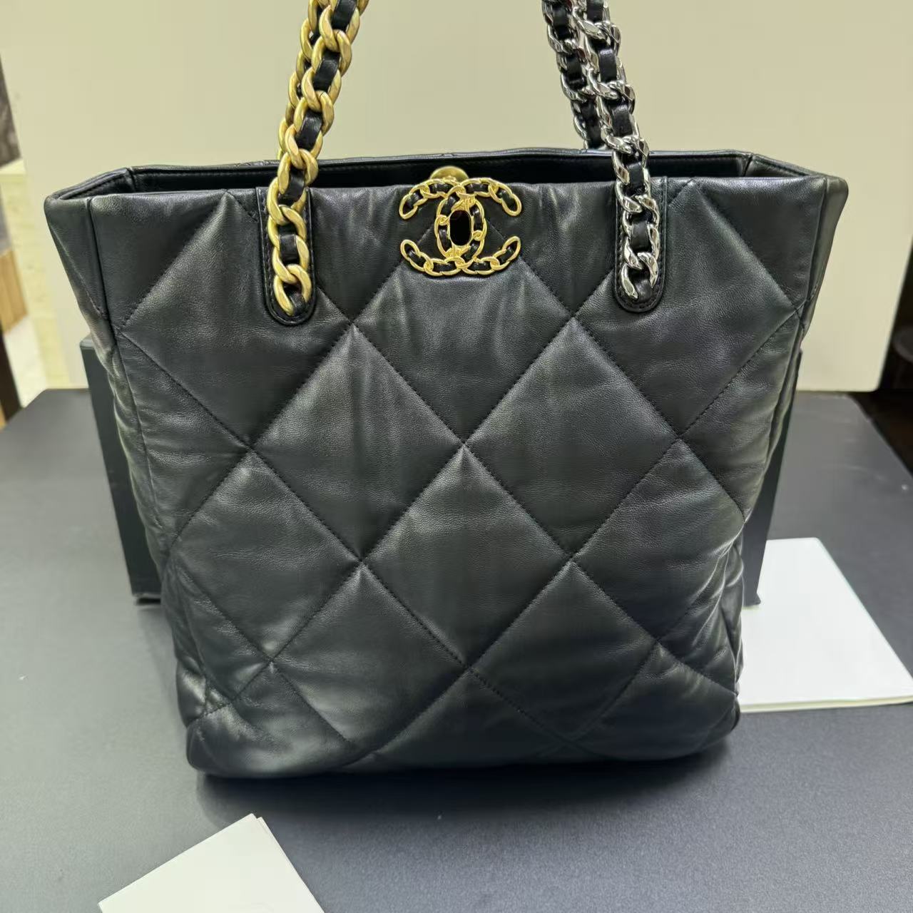 Pre-owned Certified Chanel 19 Shopper Tote Black Lambskin Golden Hw, 2023 Microchipped, w/ Full set - Chanel box, dust bag