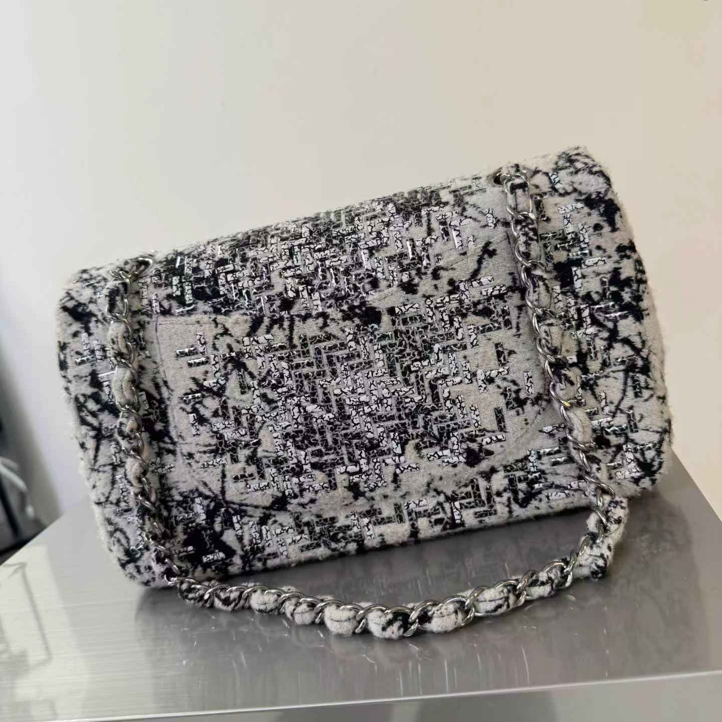Pre-owned Certified Limited Chanel Medium Timeless Double Classic Flap, Tweed with Herringbone Pattern, 2017-2018, w/ box, dust bag