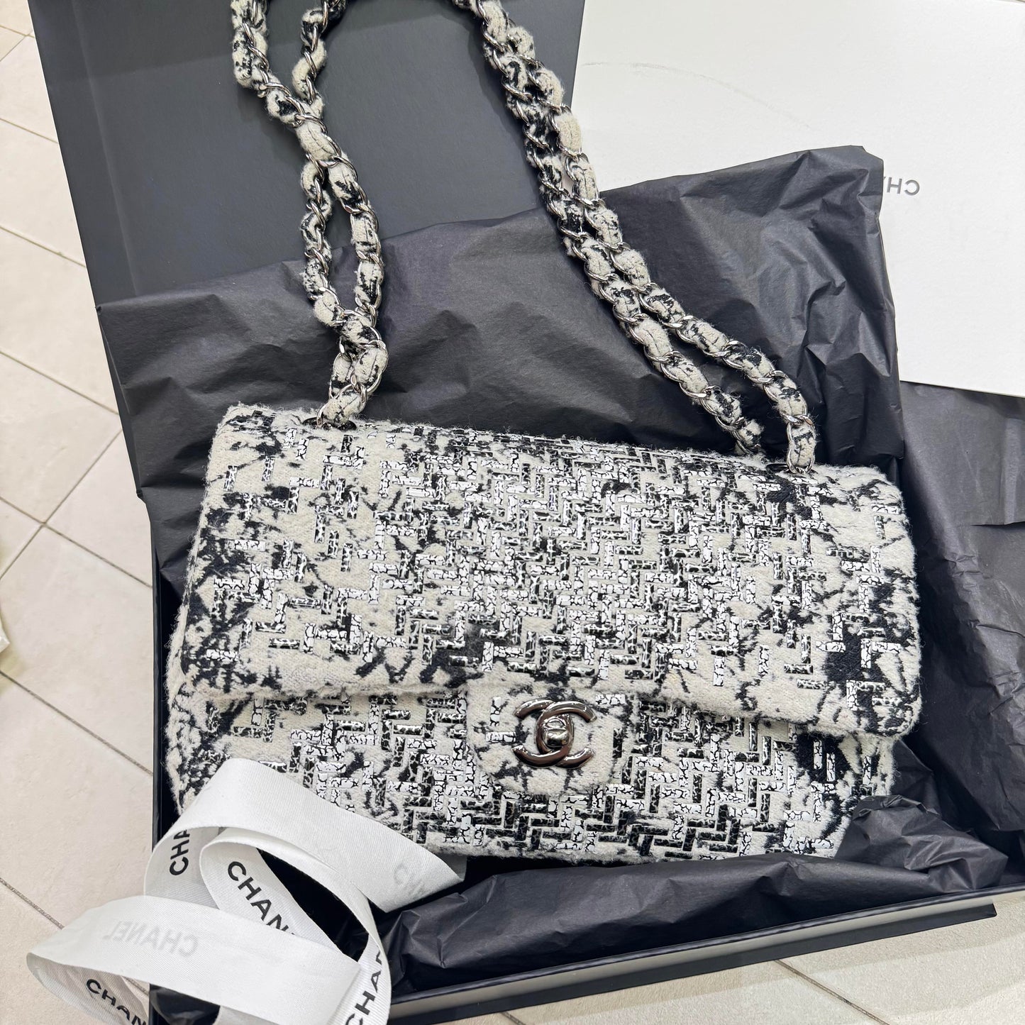 Pre-owned Certified Limited Chanel Medium Timeless Double Classic Flap, Tweed with Herringbone Pattern, 2017-2018, w/ box, dust bag
