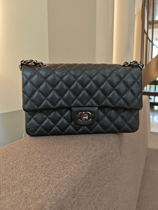 Pre-owned Certified Chanel Classic Flap Medium in Shimmery Black Caviar Leather with Black Shiny Hardware, 2018, Full Set