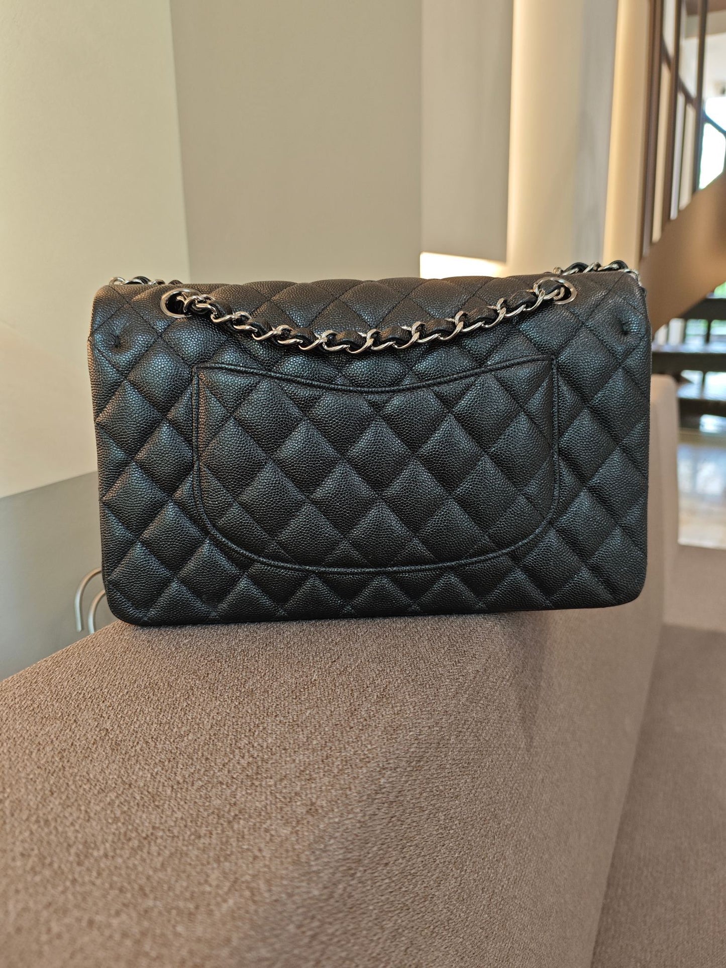 Pre-owned Certified Chanel Classic Flap Medium in Shimmery Black Caviar Leather with Black Shiny Hardware, 2018, Full Set
