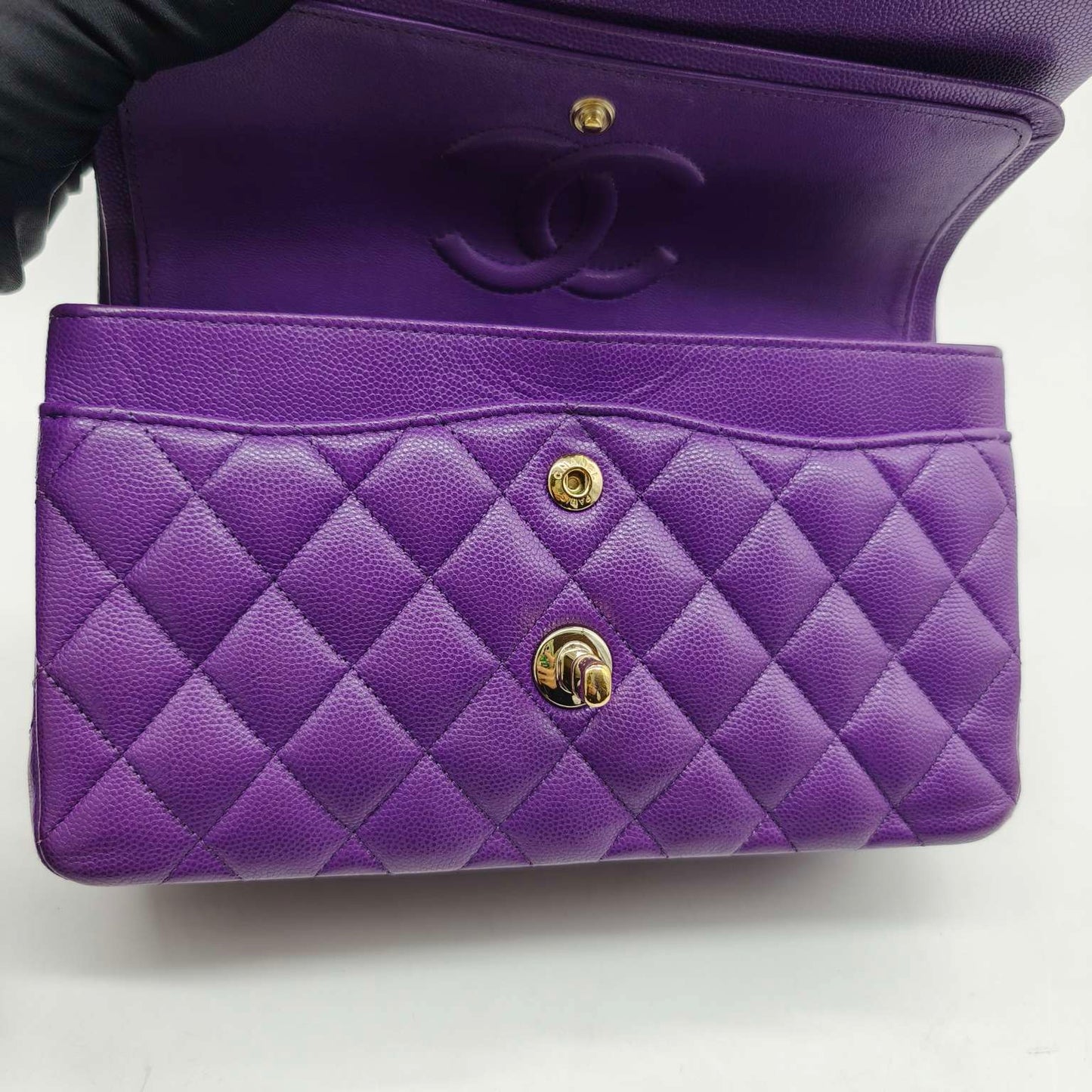 Pre-owned Chanel Classic Flap Small Double Flap Limited Seasonal Edition Royal Purple Caviar Leather Golden Hardware, Microchipped 2022, w/ full set