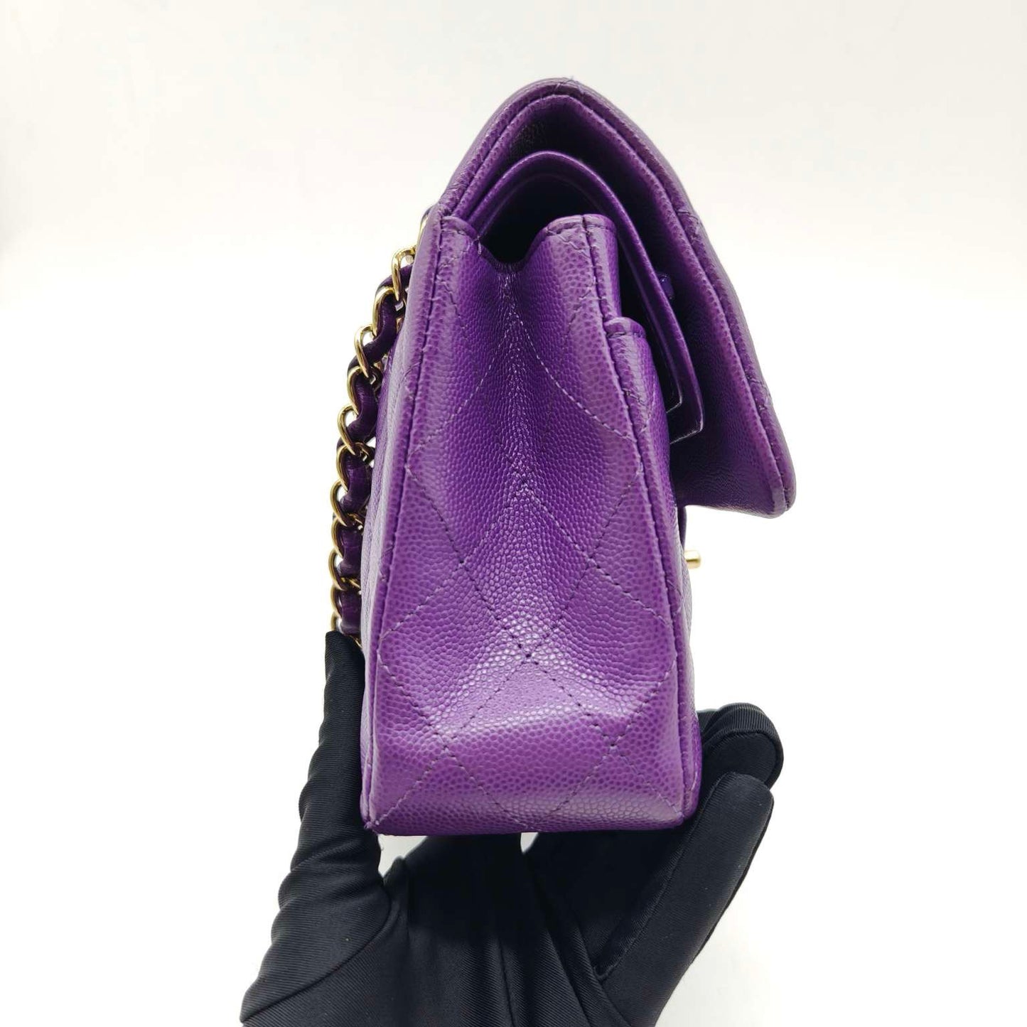 Pre-owned Chanel Classic Flap Small Double Flap Limited Seasonal Edition Royal Purple Caviar Leather Golden Hardware, Microchipped 2022, w/ full set