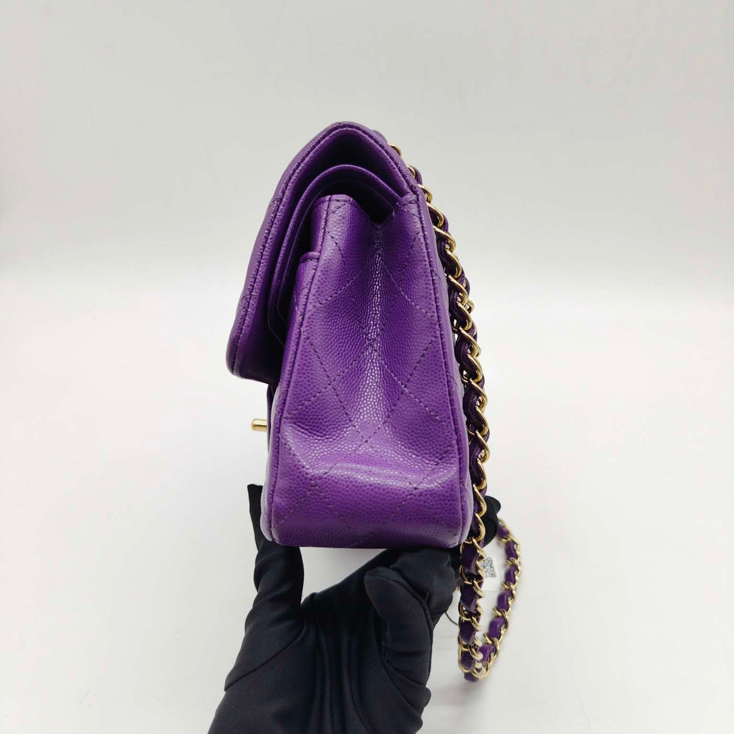 Pre-owned Chanel Classic Flap Small Double Flap Limited Seasonal Edition Royal Purple Caviar Leather Golden Hardware, Microchipped 2022, w/ full set