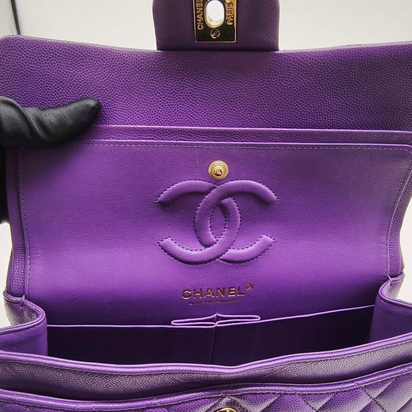 Pre-owned Chanel Classic Flap Small Double Flap Limited Seasonal Edition Royal Purple Caviar Leather Golden Hardware, Microchipped 2022, w/ full set