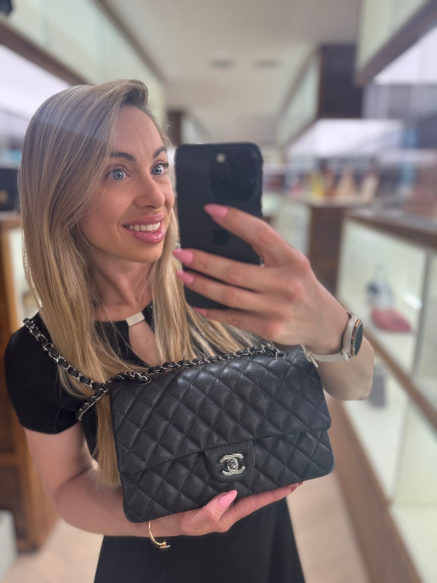 Pre-owned Certified Chanel Classic Flap Medium in Shimmery Black Caviar Leather with Black Shiny Hardware, 2018, Full Set